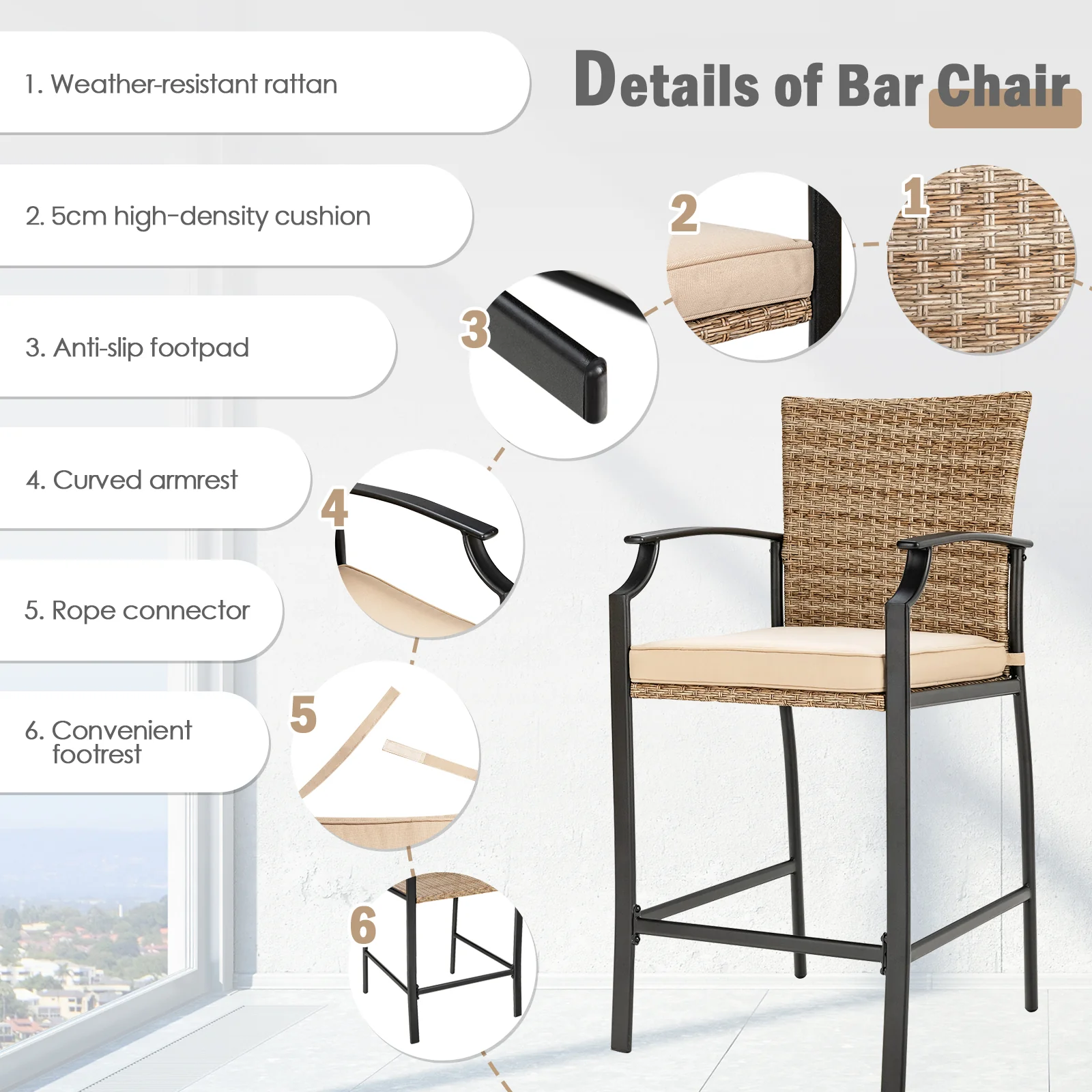 5 Pieces Patio Rattan Bar Stool Set with 4 Wicker Bar Chairs and 1 Bar Table - Image 8