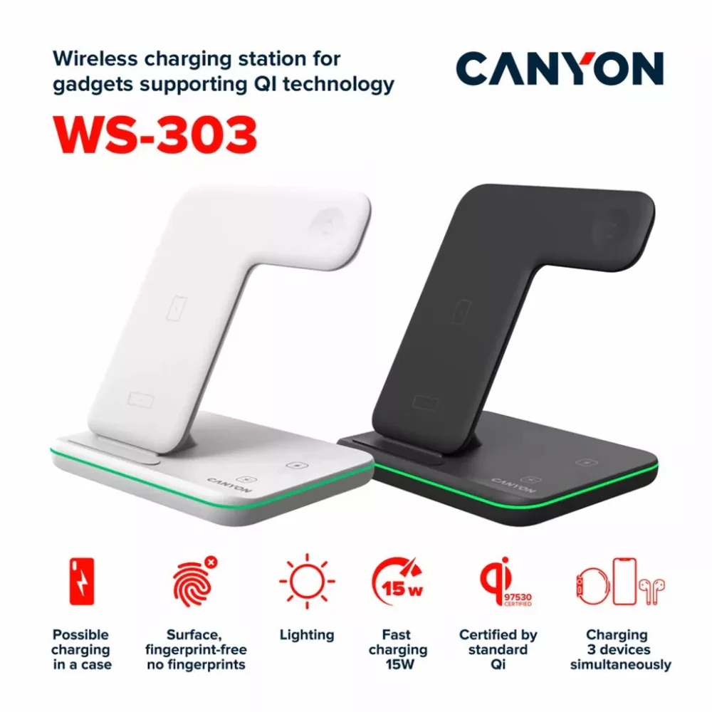 Canyon Wireless Charging Station 3-in-1 WS-303 - Black - Image 2