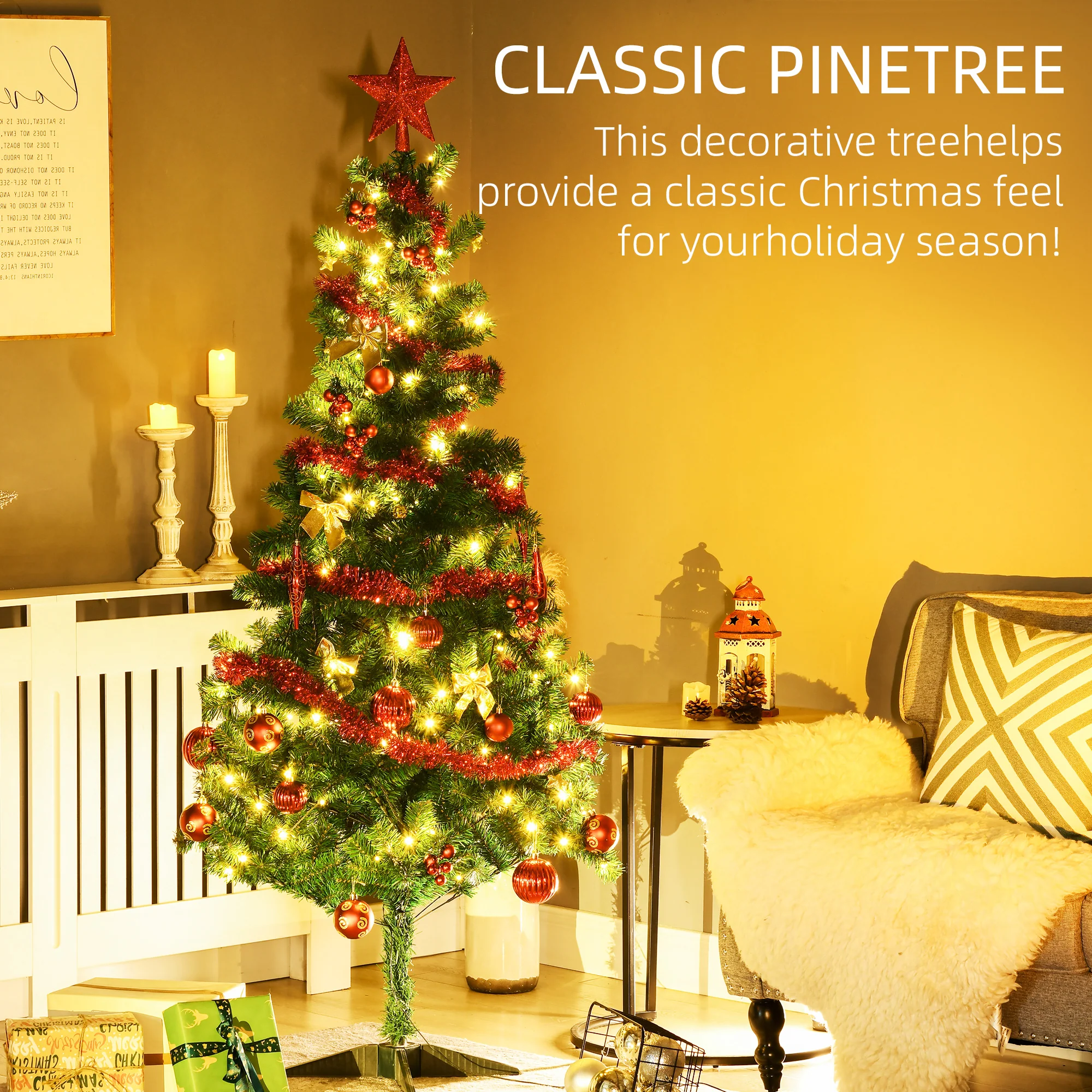 6' Artificial Prelit Christmas Trees Holiday Décor with Warm White LED Lights, Tinsel - Image 3