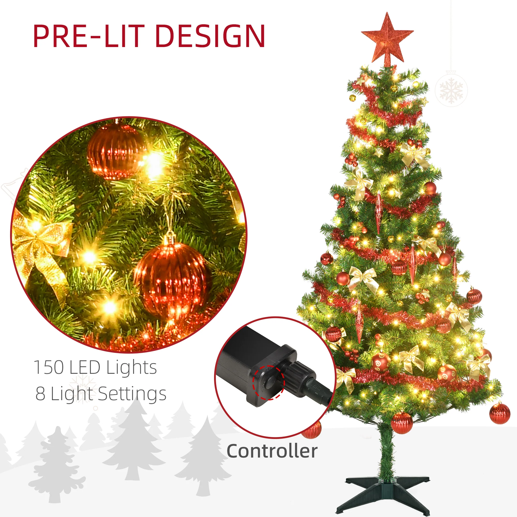 6' Artificial Prelit Christmas Trees Holiday Décor with Warm White LED Lights, Tinsel - Image 4