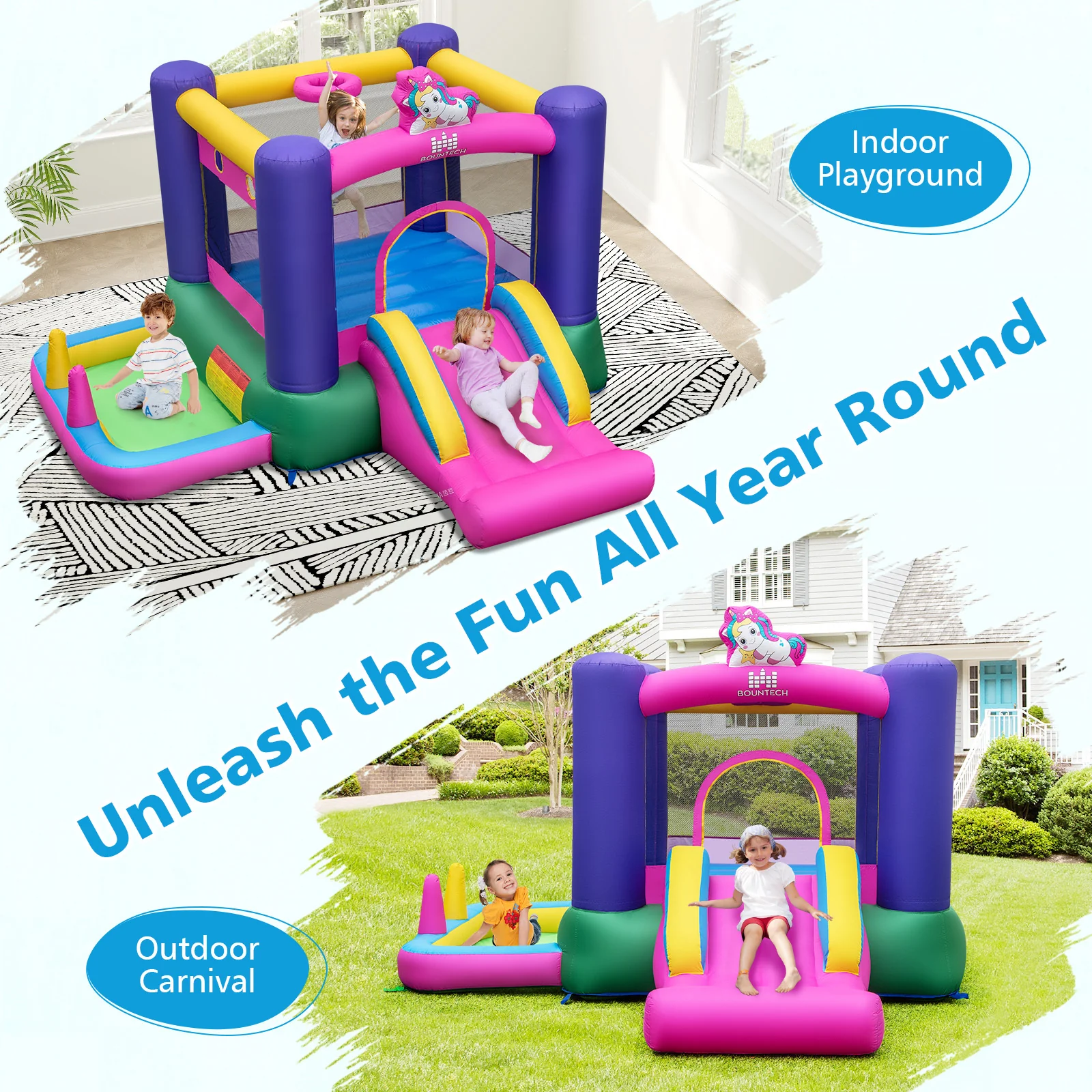 6-in-1 Inflatable Bounce House with Slide and Ball Pit Unicorn-Themed with 480W Blower - Image 8