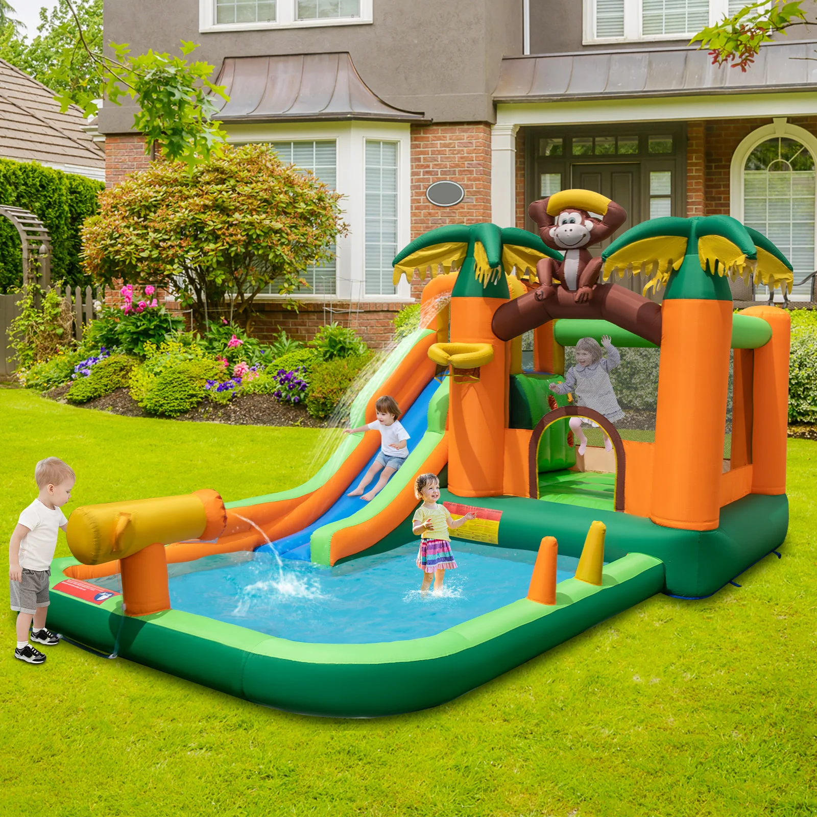6-in-1 Monkey Themed Inflatable Water Slide Park with Slide and Splash Pool without Blower - Image 2