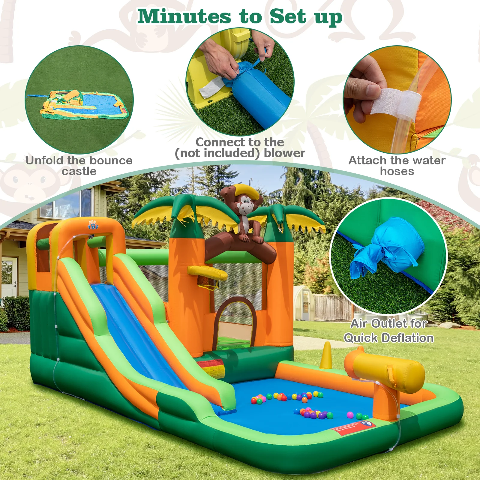 6-in-1 Monkey Themed Inflatable Water Slide Park with Slide and Splash Pool without Blower - Image 3