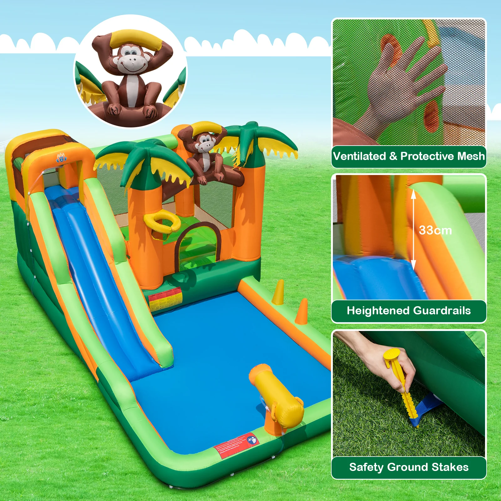 6-in-1 Monkey Themed Inflatable Water Slide Park with Slide and Splash Pool without Blower - Image 7