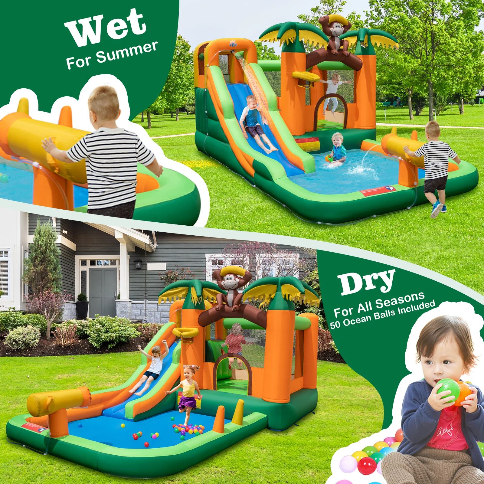 6-in-1 Monkey Themed Inflatable Water Slide Park with Slide and Splash Pool without Blower - Image 8