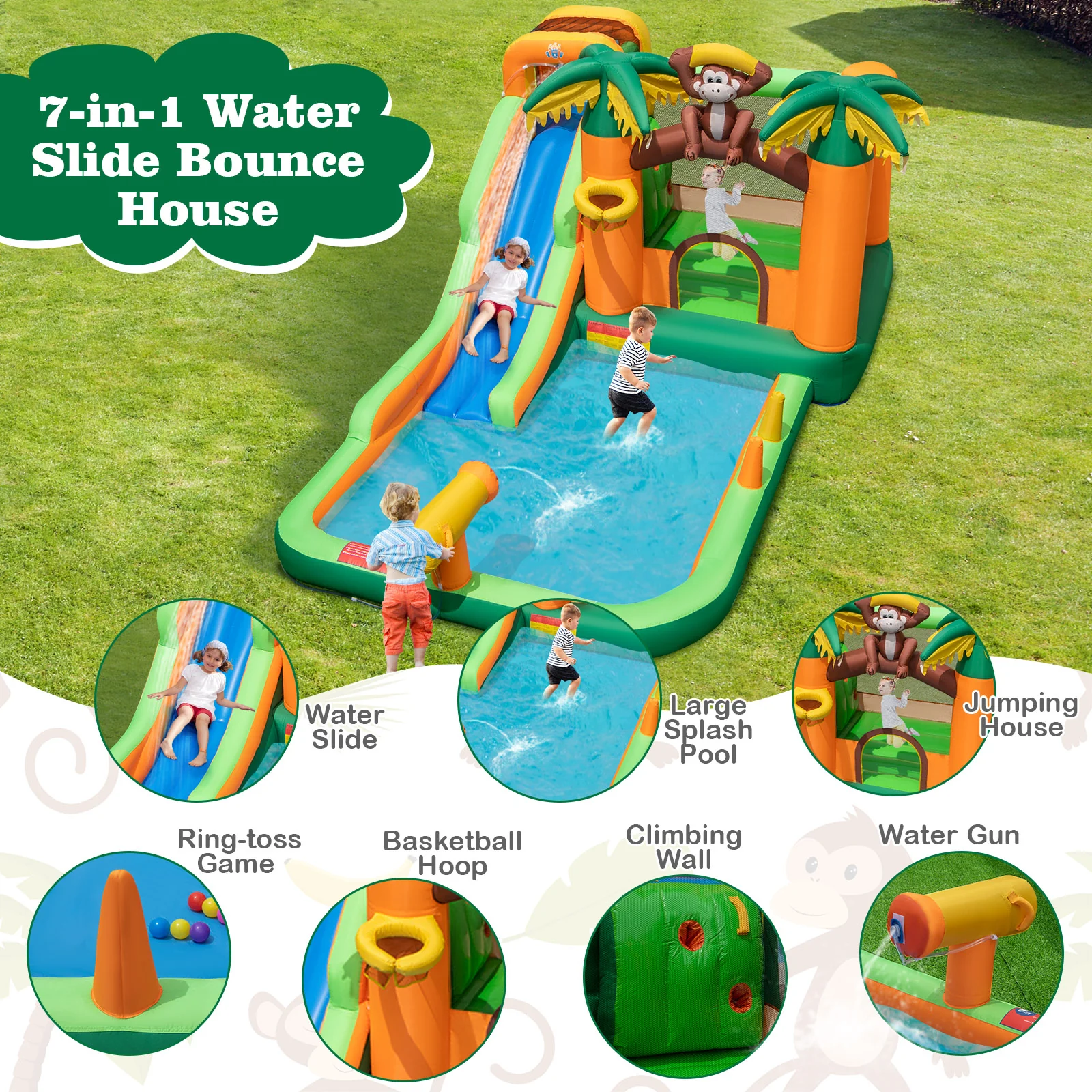 6-in-1 Monkey Themed Inflatable Water Slide Park with Slide and Splash Pool without Blower - Image 9