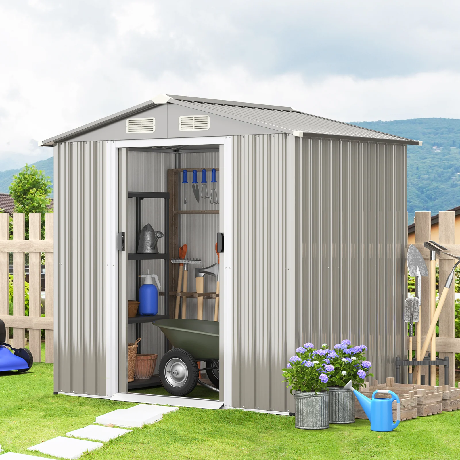 6 X 4 Feet Outdoor Metal Storage Shed With Ventilation Sliding Doors-Light Grey - Image 2