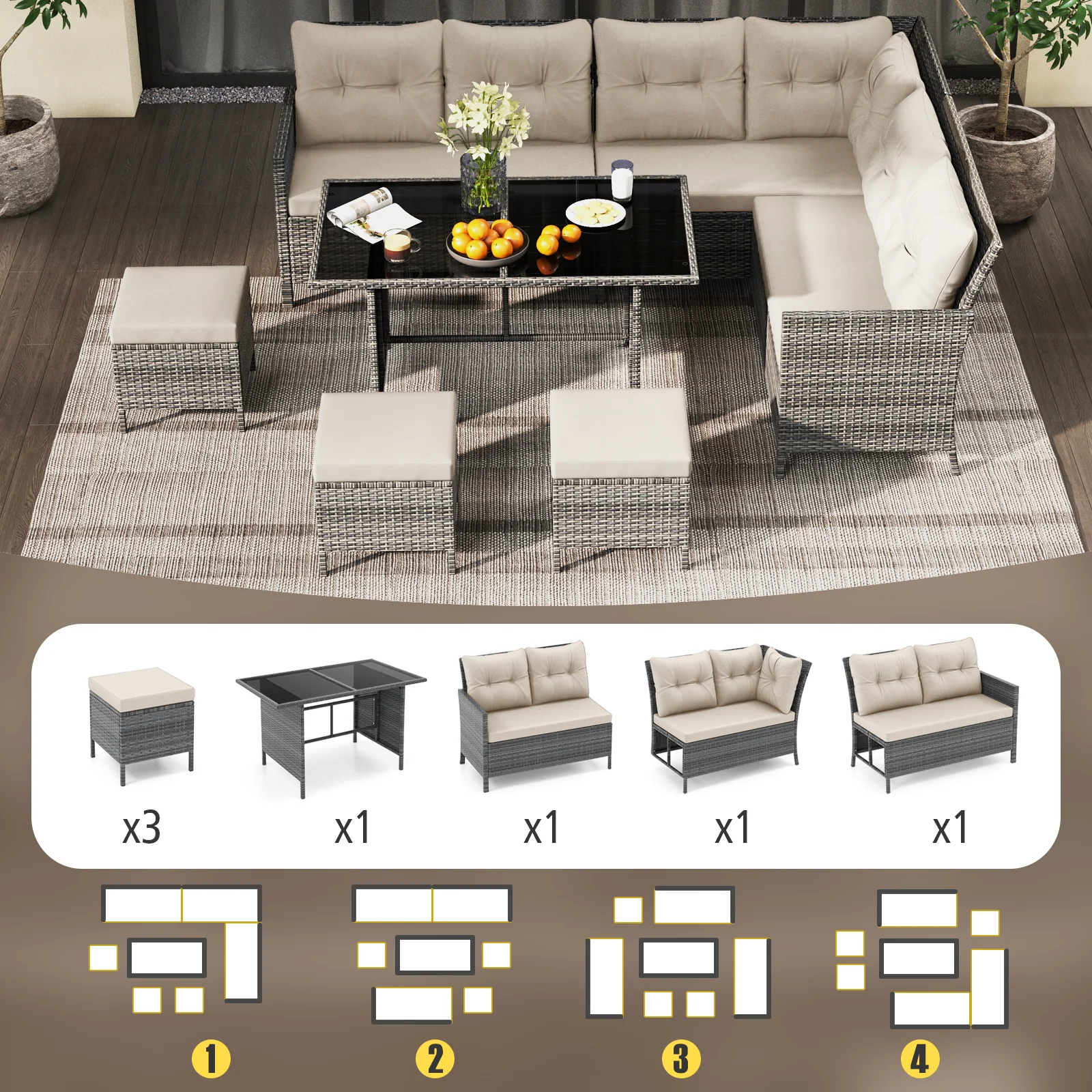 7 Pieces Patio Dining Furniture Set Outdoor PE Rattan Sectional Sofa Set-Off White - Image 10