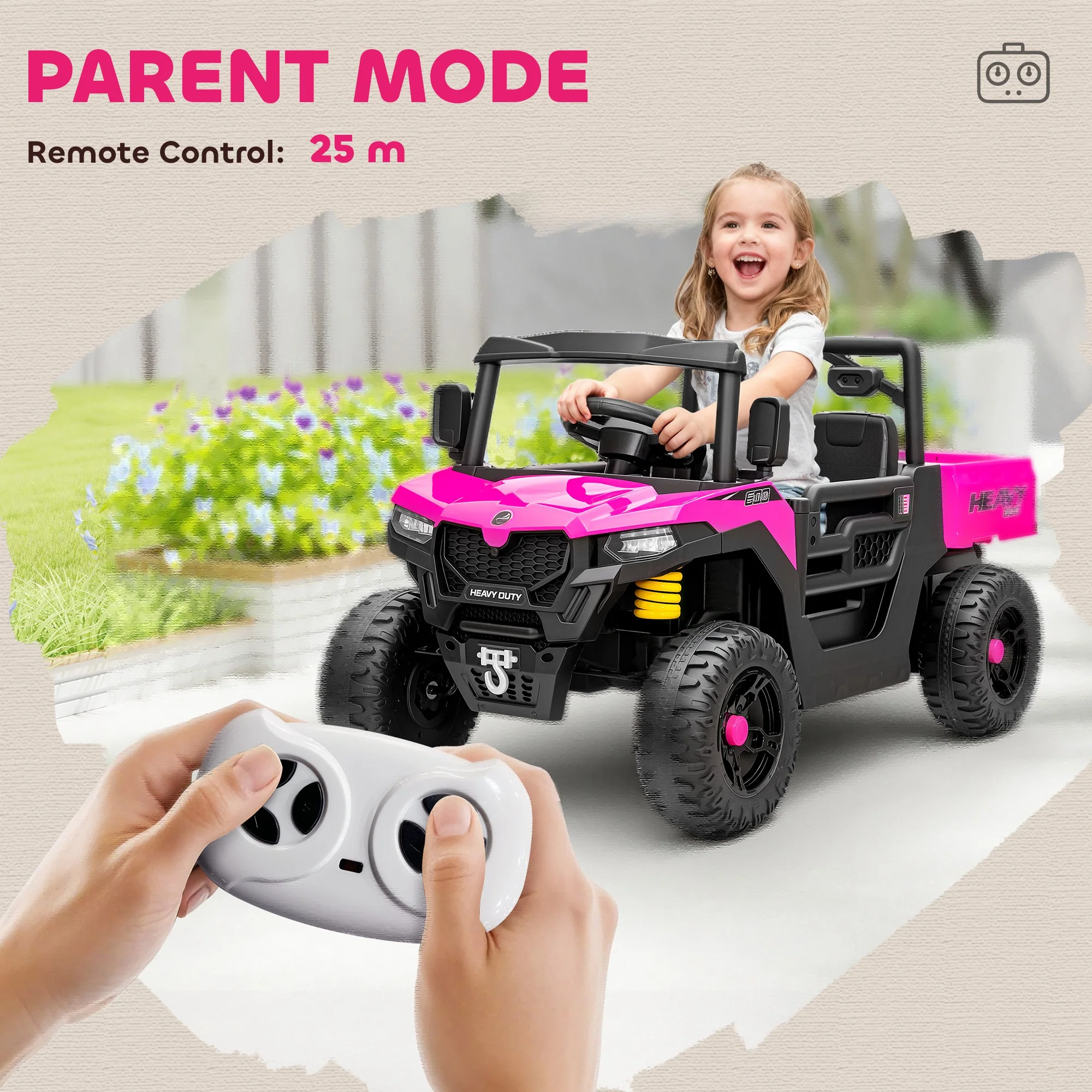 AIYAPLAY 12V Kids Ride on Car, Kids UTV with Electric Dump Bed, Pink - Image 6