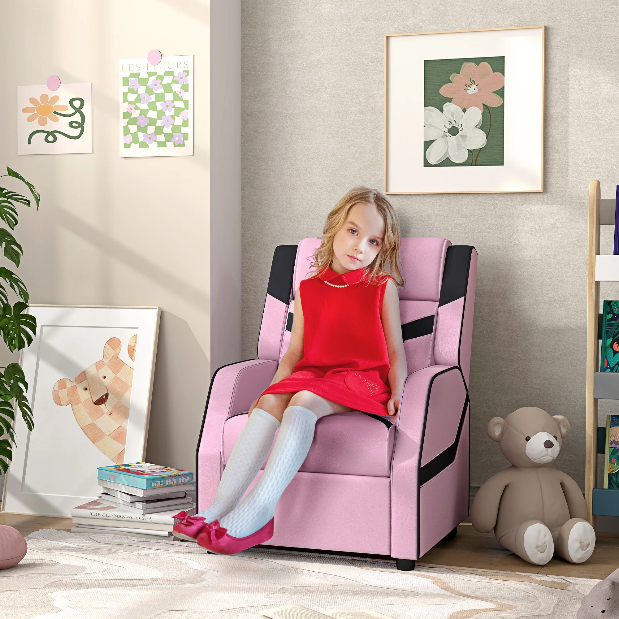 AIYAPLAY 2 In 1 Kids Armchair Recliner, PU Leather, For 3-9 Years Old, Pink - Image 2