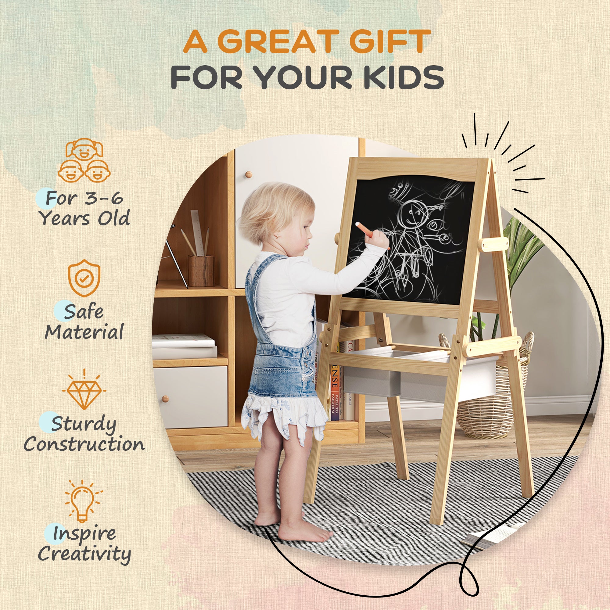 AIYAPLAY 3 In 1 Kids Easel With Paper Roll, Storage Baskets - Natural - Image 6