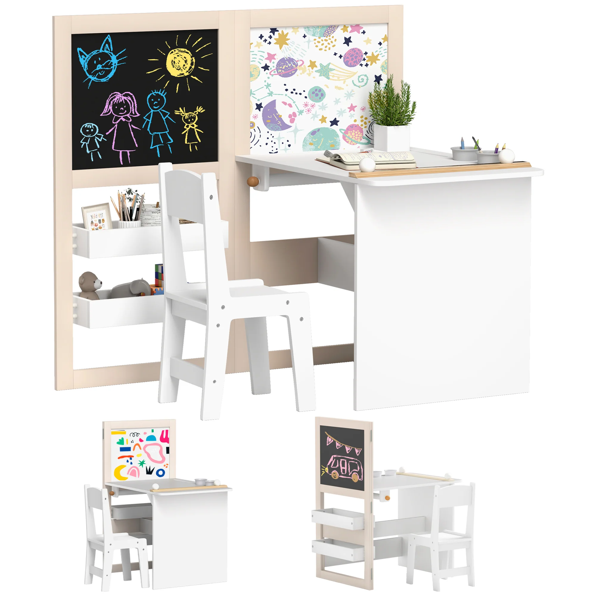 AIYAPLAY 3 in 1 Kids Table and Chair Set with Whiteboard and Blackboard