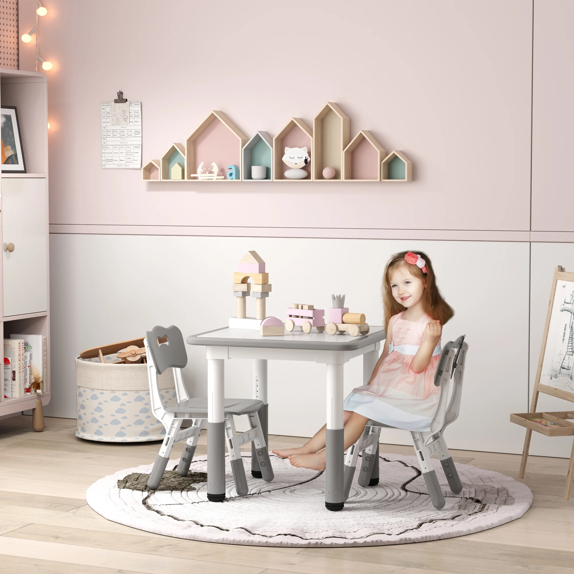AIYAPLAY 3 Pcs Height Adjustable Kids Table And Chair Set For Playroom - Grey/Pink - Image 10