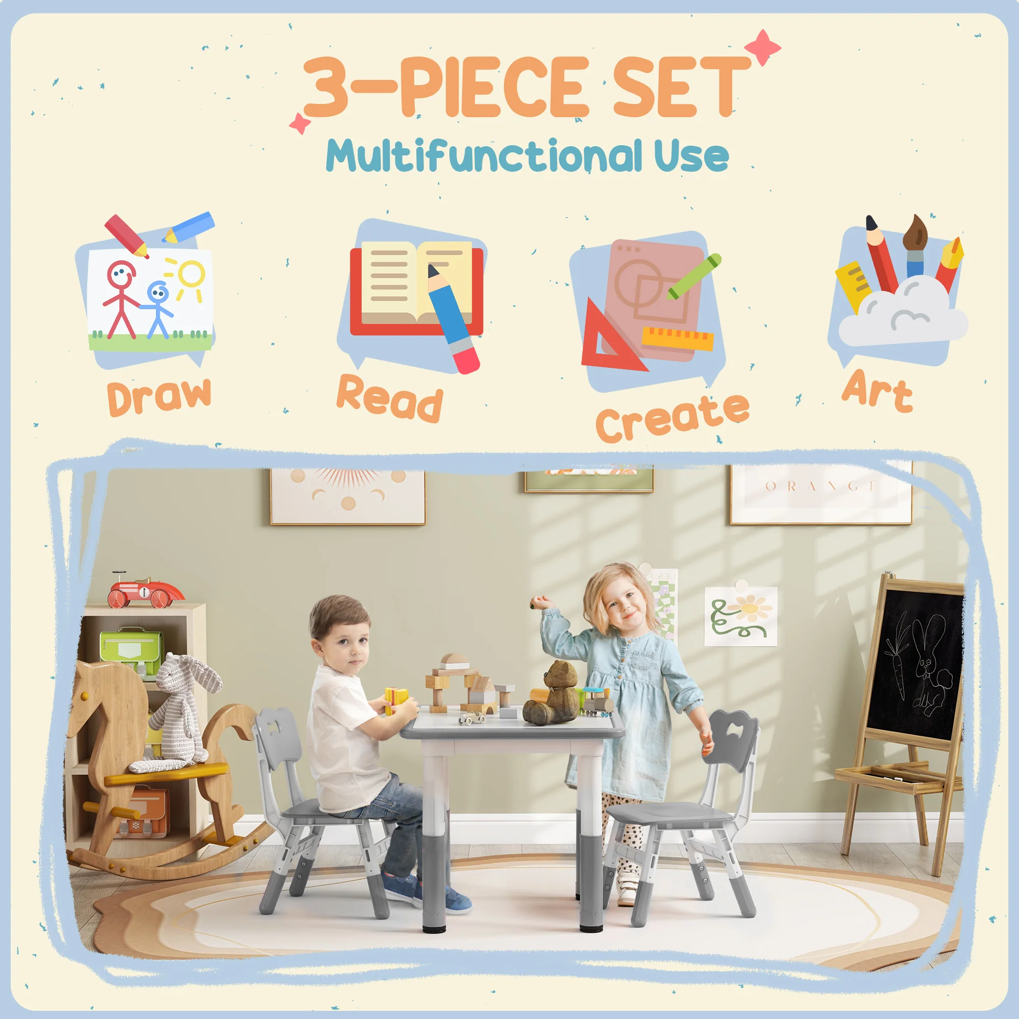 AIYAPLAY 3 Pcs Height Adjustable Kids Table And Chair Set For Playroom - Grey/Pink - Image 12
