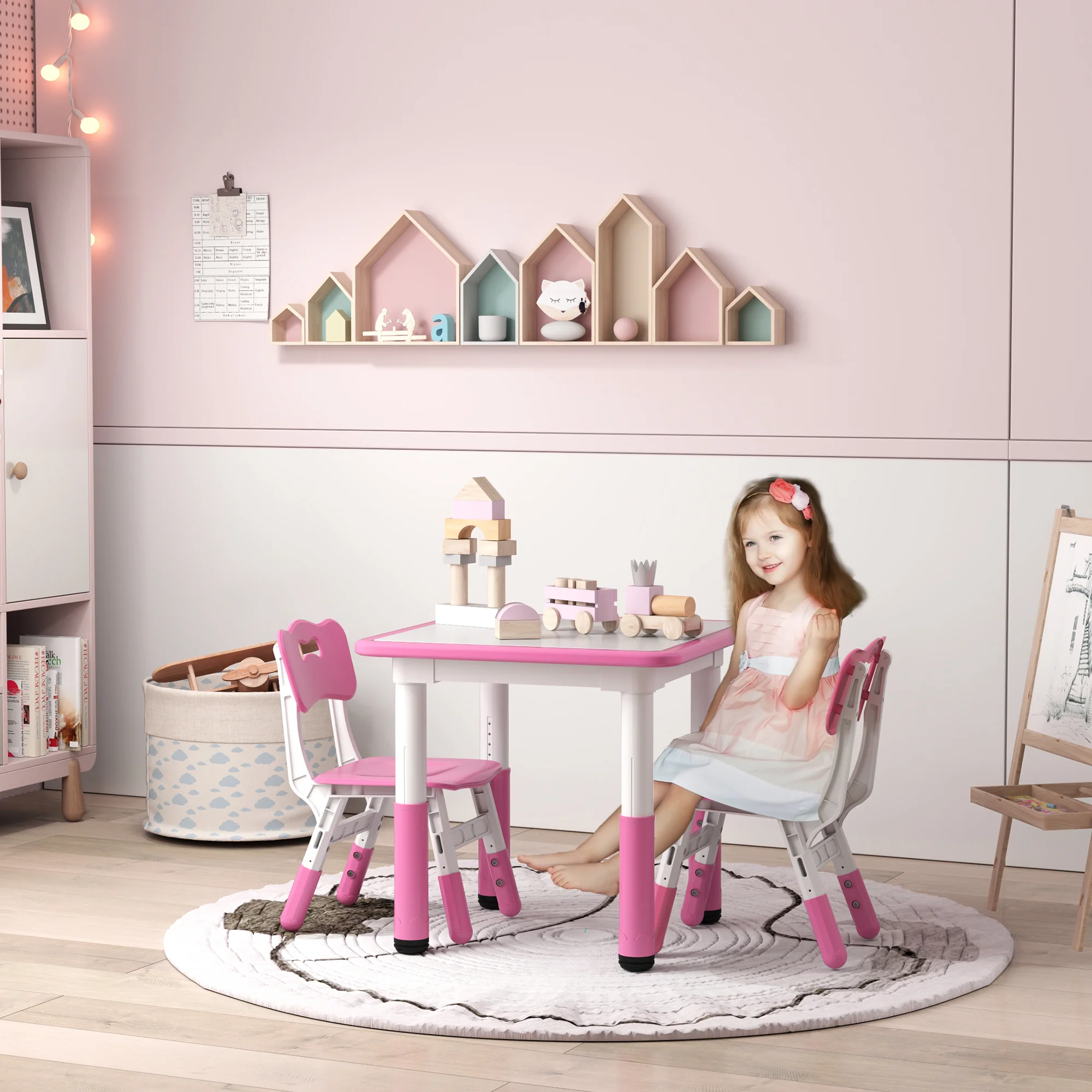 AIYAPLAY 3 Pcs Height Adjustable Kids Table And Chair Set For Playroom - Grey/Pink - Image 2