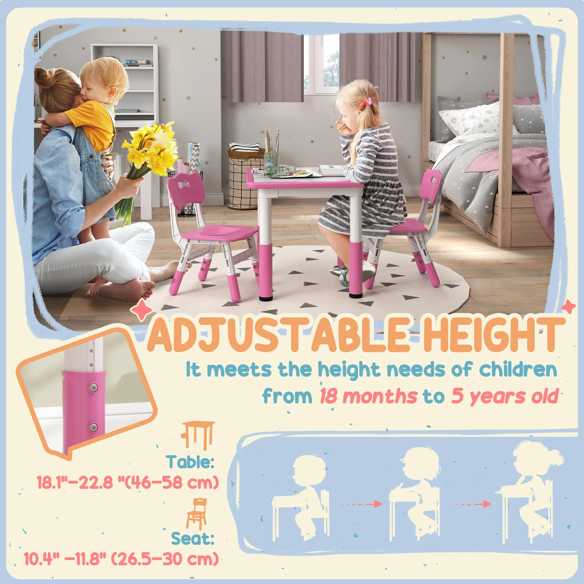 AIYAPLAY 3 Pcs Height Adjustable Kids Table And Chair Set For Playroom - Grey/Pink - Image 3