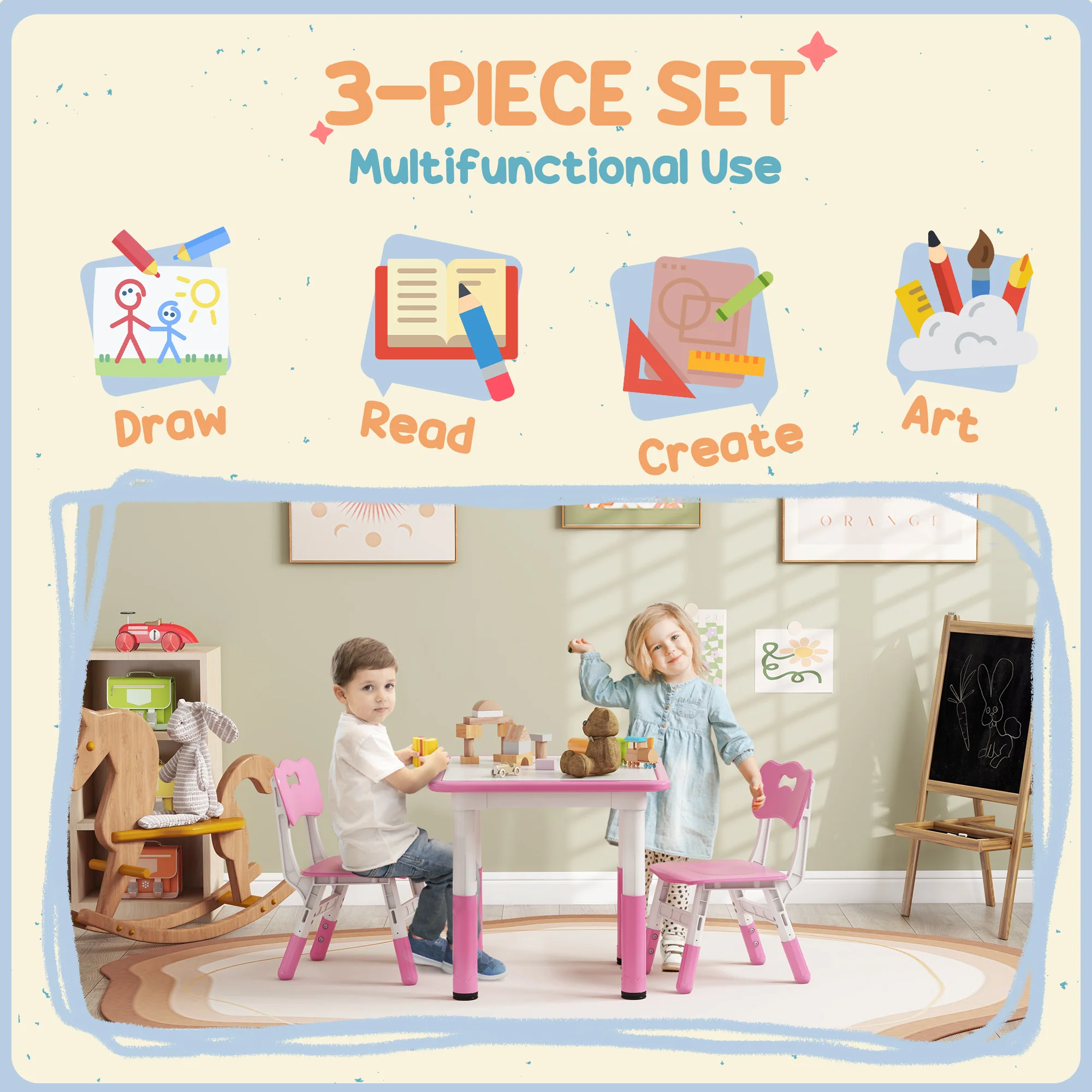 AIYAPLAY 3 Pcs Height Adjustable Kids Table And Chair Set For Playroom - Grey/Pink - Image 4