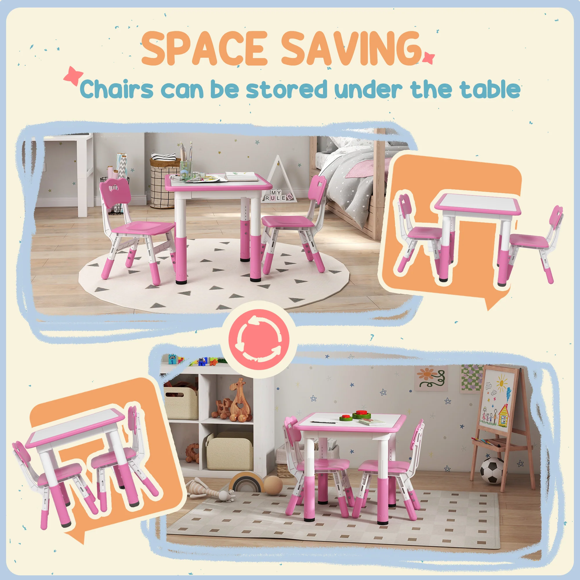 AIYAPLAY 3 Pcs Height Adjustable Kids Table And Chair Set For Playroom - Grey/Pink - Image 7