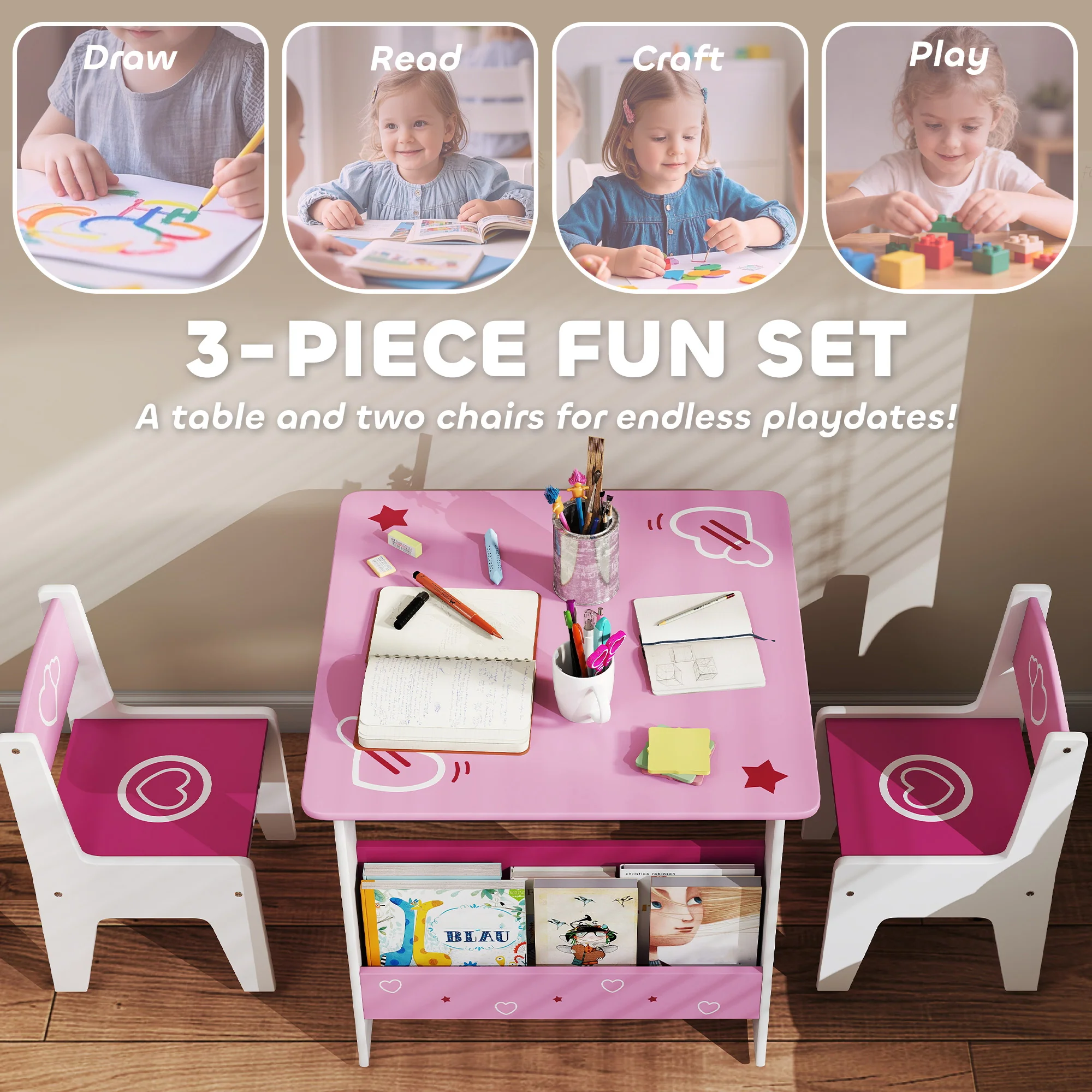 AIYAPLAY 3 Pieces Kids Table and Chair Set with Bookshelves, Pink - Image 3