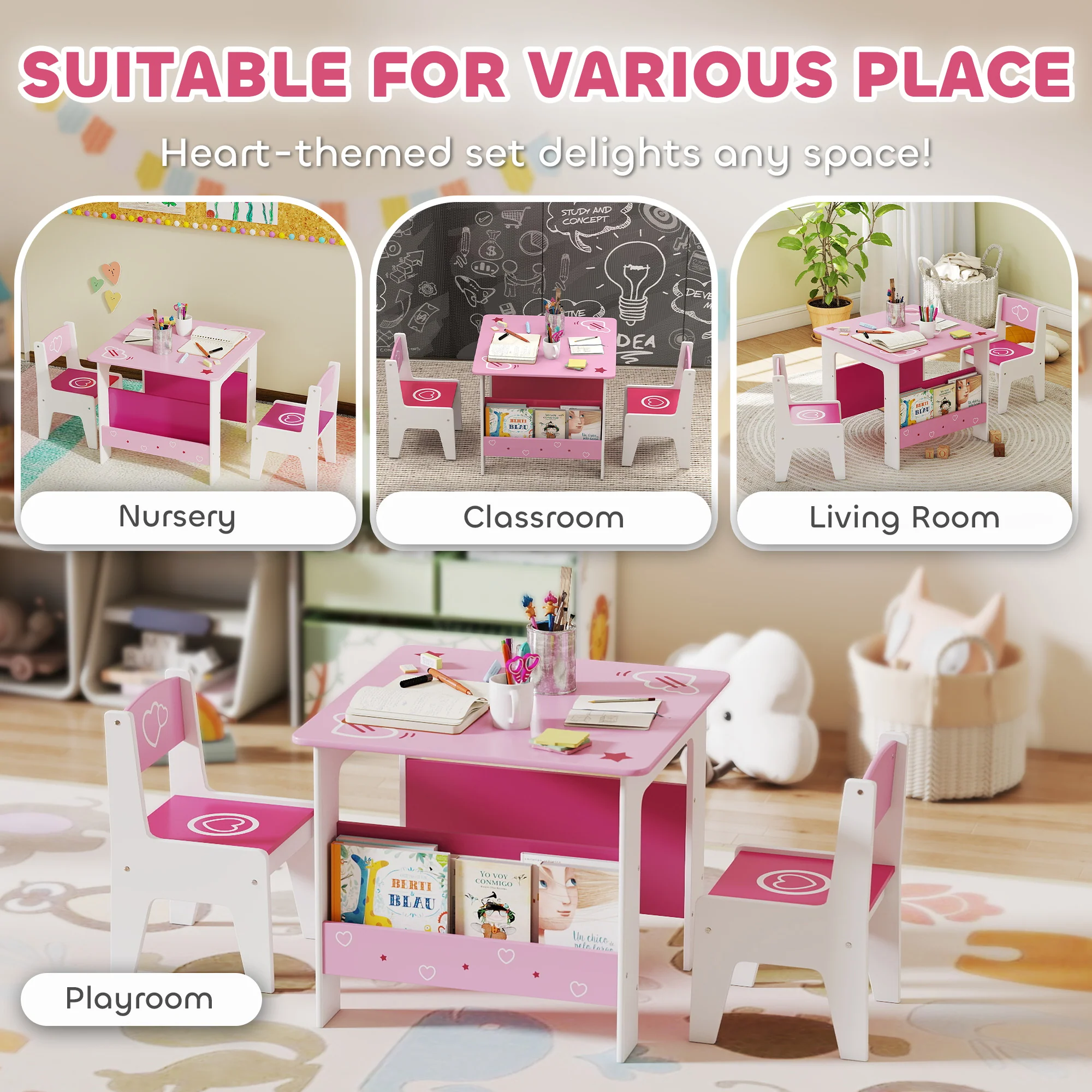 AIYAPLAY 3 Pieces Kids Table and Chair Set with Bookshelves, Pink - Image 4