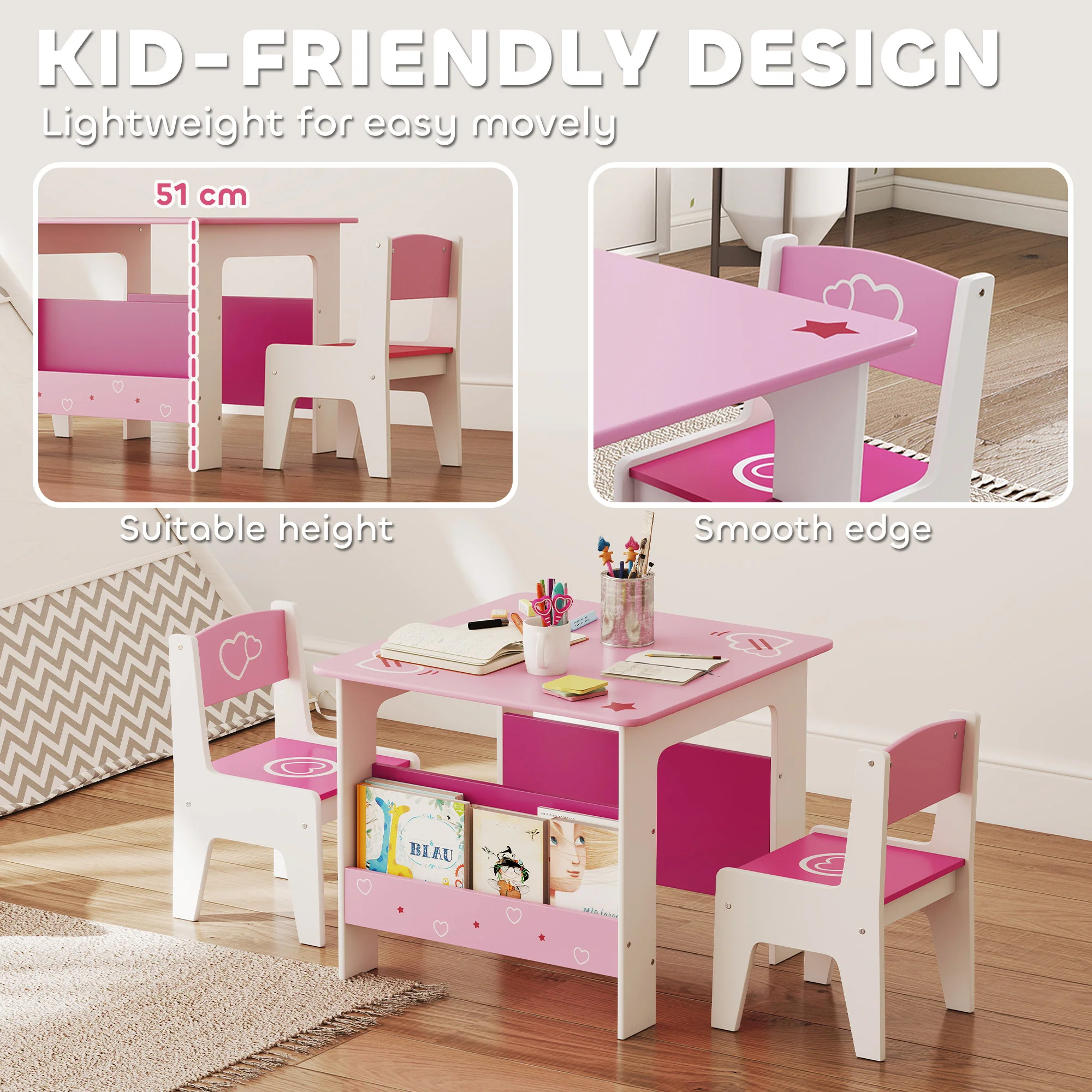 AIYAPLAY 3 Pieces Kids Table and Chair Set with Bookshelves, Pink - Image 7