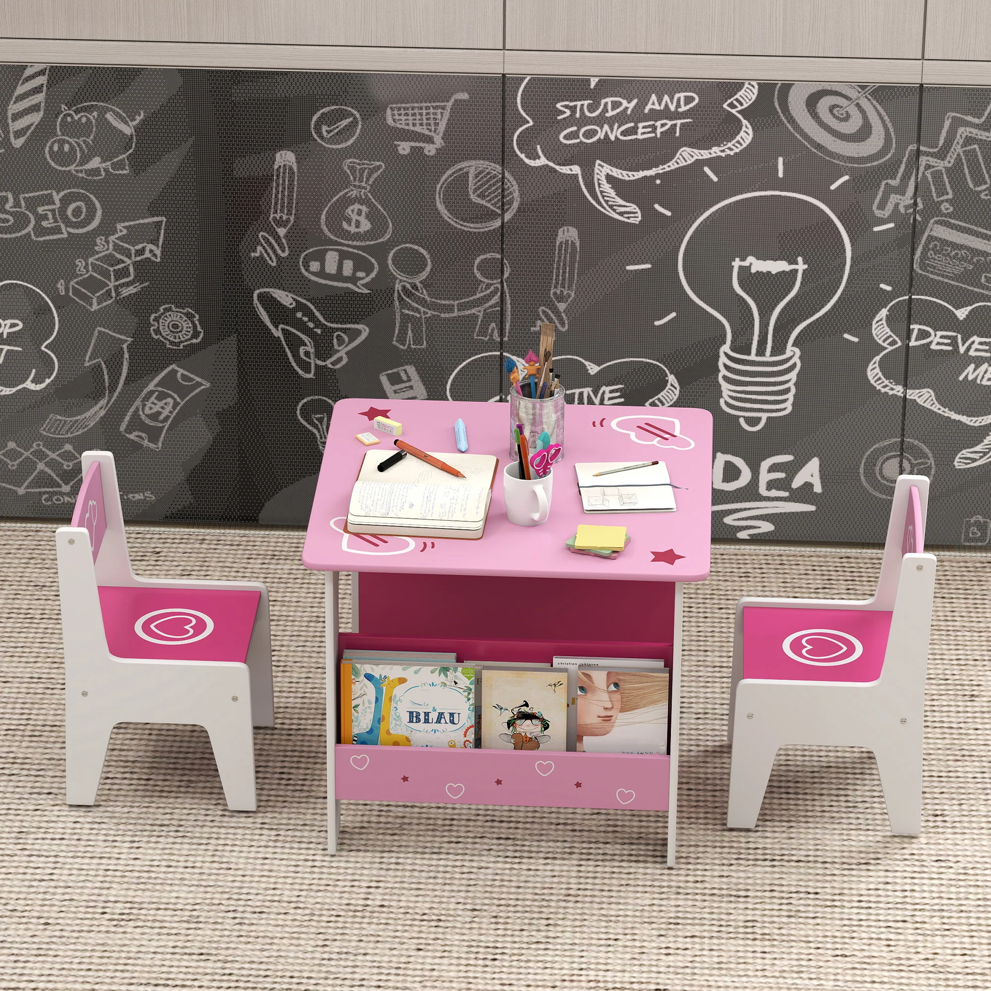 AIYAPLAY 3 Pieces Kids Table and Chair Set with Bookshelves, Pink - Image 9
