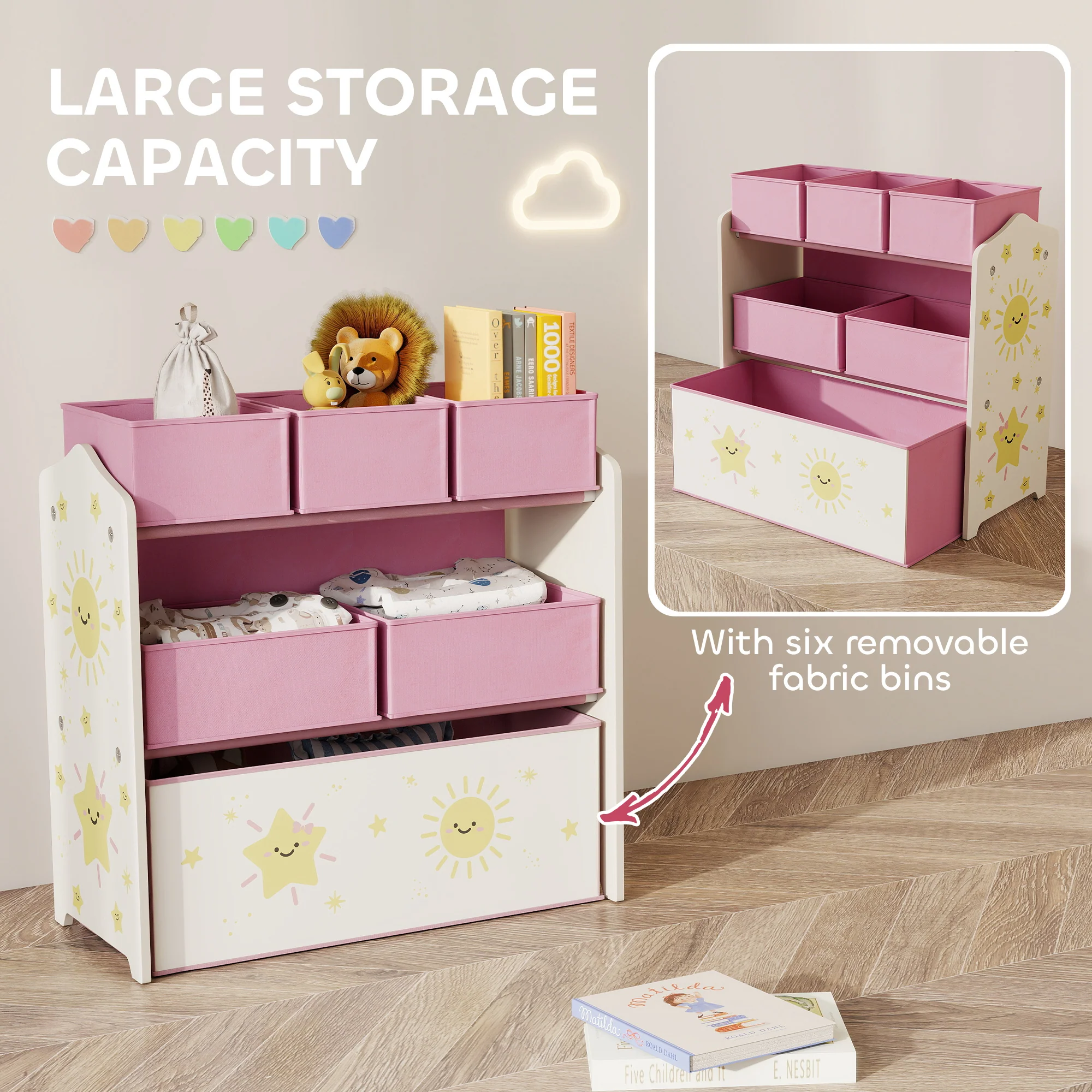 AIYAPLAY 3-Tier Kids Storage Shelf With 6 Removable Fabric Boxes, - Image 12