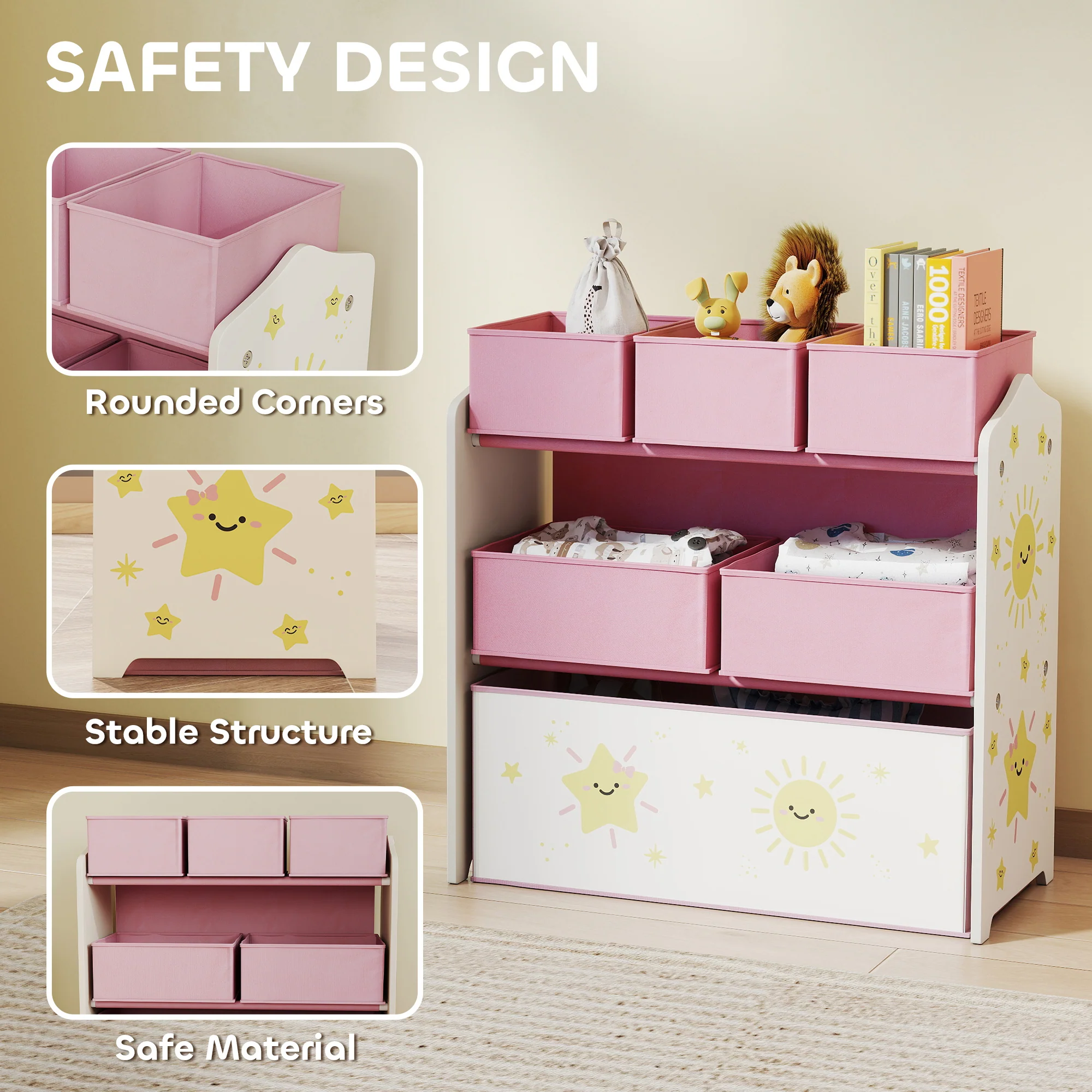 AIYAPLAY 3-Tier Kids Storage Shelf With 6 Removable Fabric Boxes, - Image 13