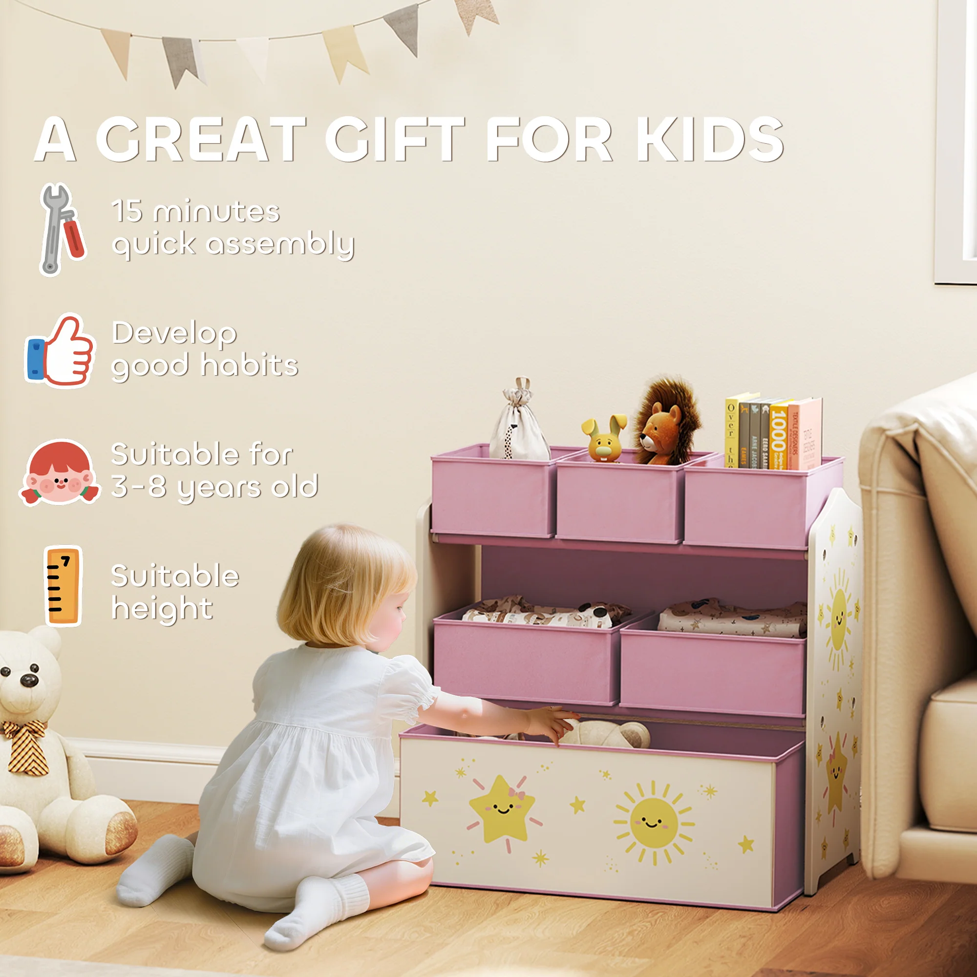 AIYAPLAY 3-Tier Kids Storage Shelf With 6 Removable Fabric Boxes, - Image 15