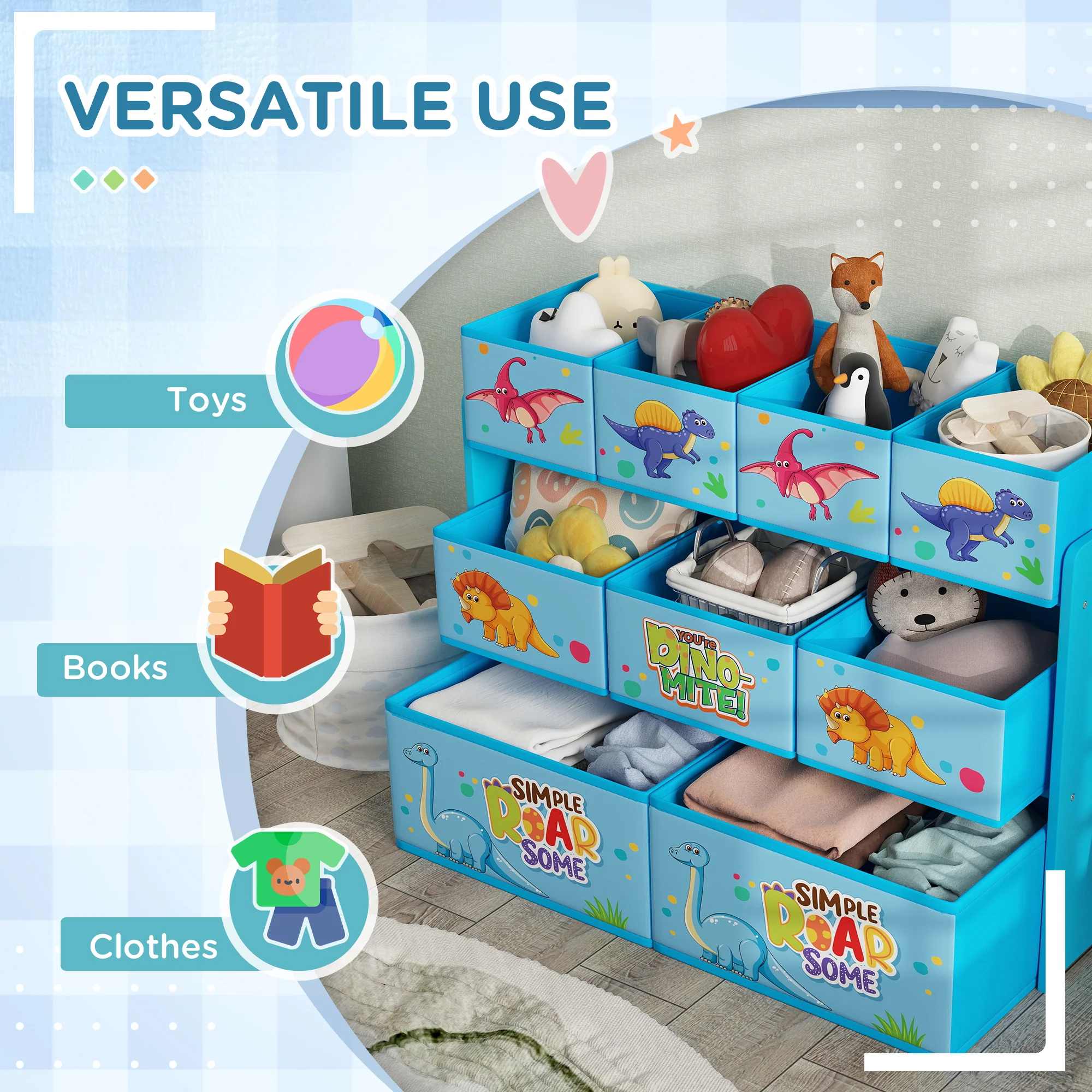 AIYAPLAY 3-Tier Toy Organiser Shelf With 9 Storage Boxes For Bedroom - Blue/Pink - Image 15