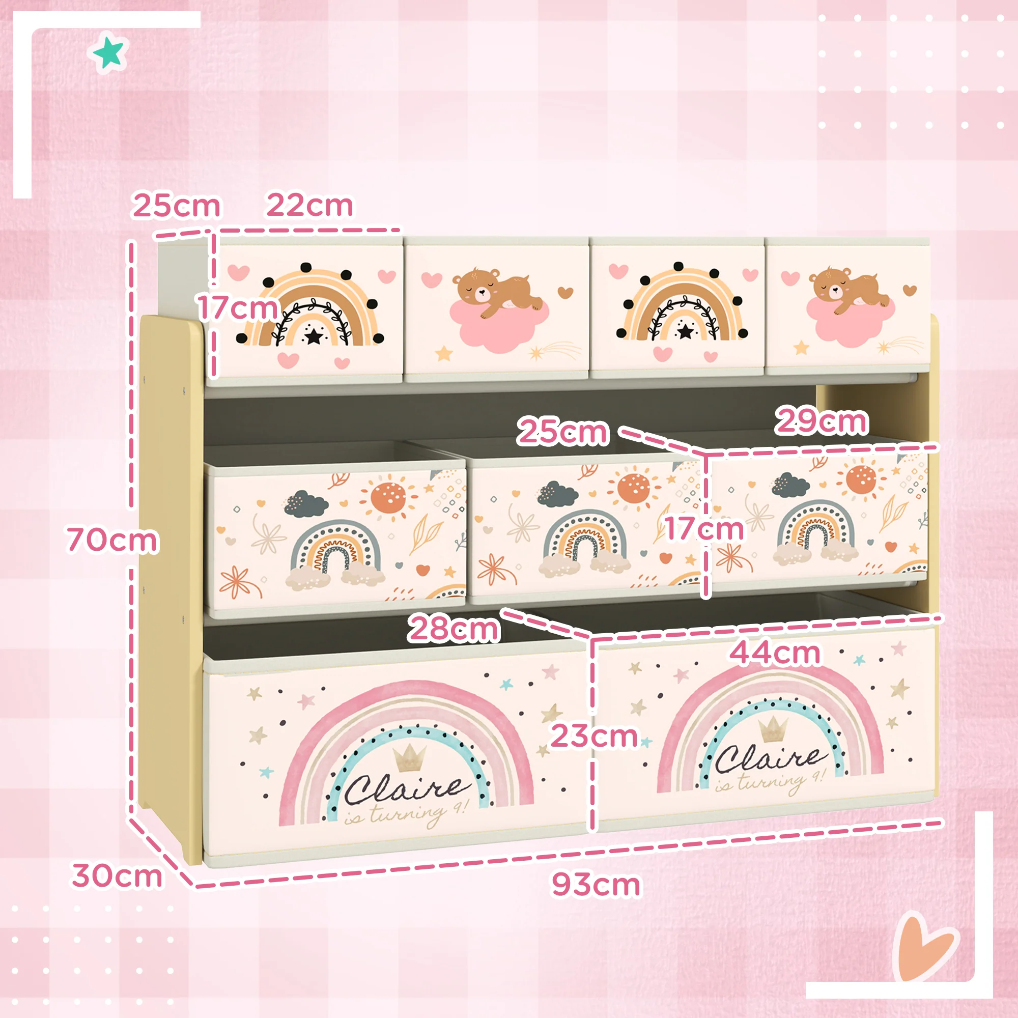 AIYAPLAY 3-Tier Toy Organiser Shelf With 9 Storage Boxes For Bedroom - Blue/Pink - Image 5