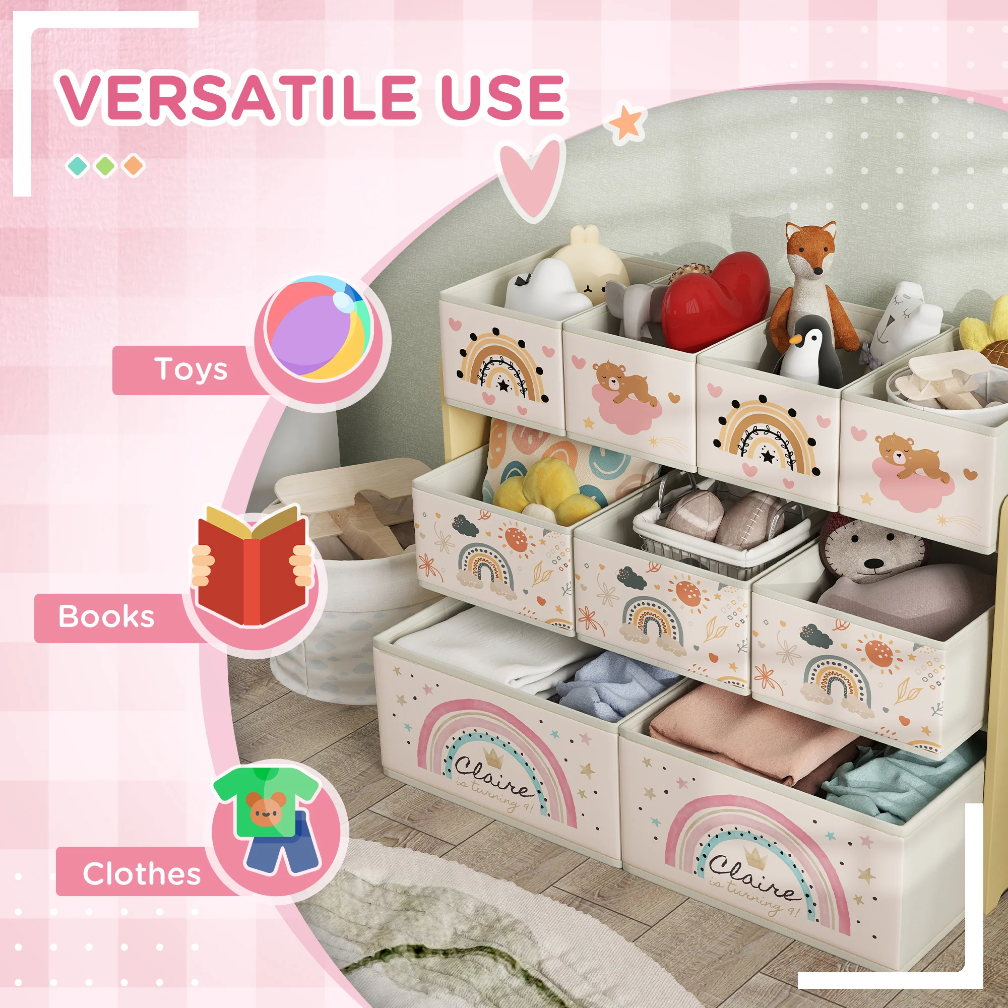 AIYAPLAY 3-Tier Toy Organiser Shelf With 9 Storage Boxes For Bedroom - Blue/Pink - Image 7