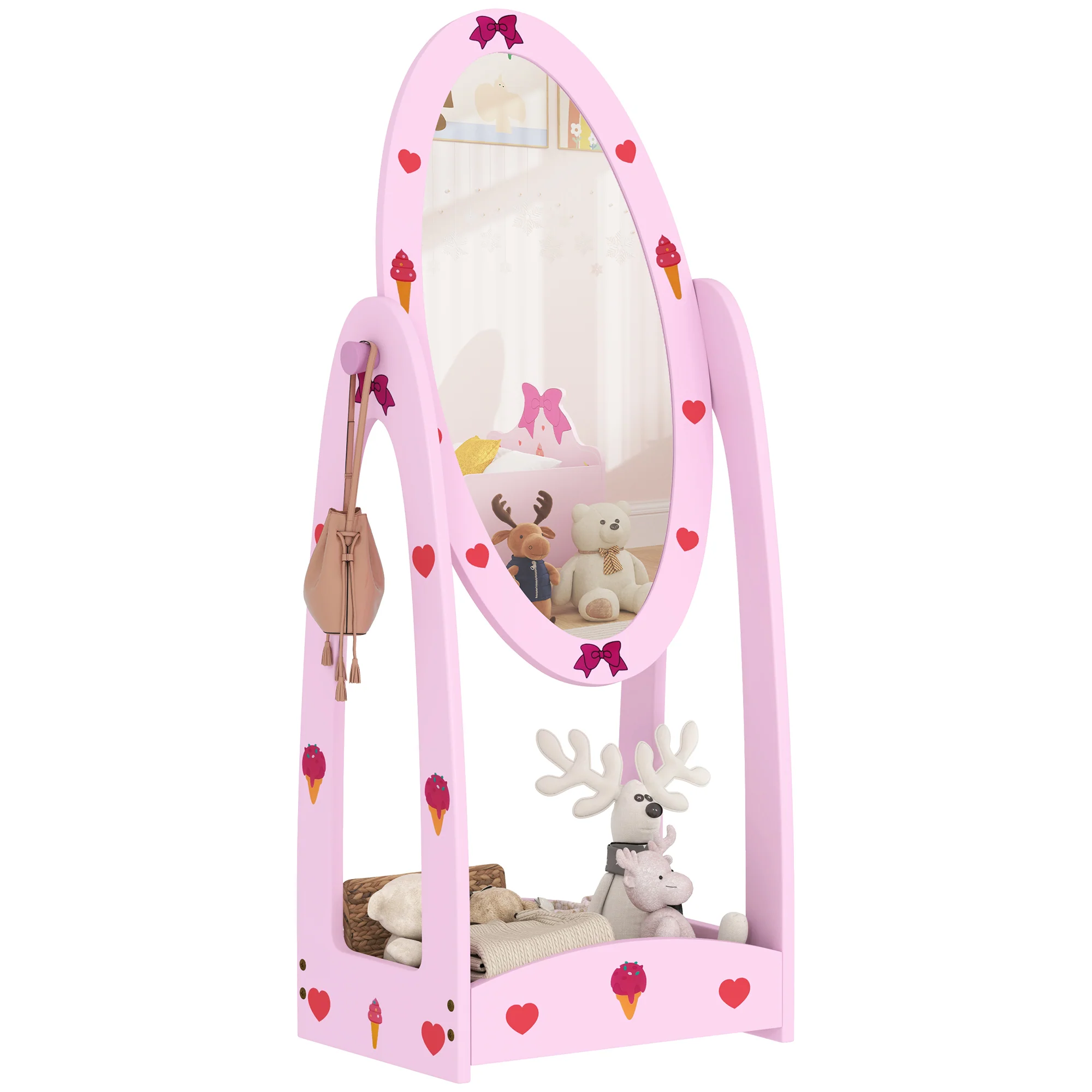 AIYAPLAY 360° Rotating Kids Full Length Mirror With Storage Shelf, Hot Pink