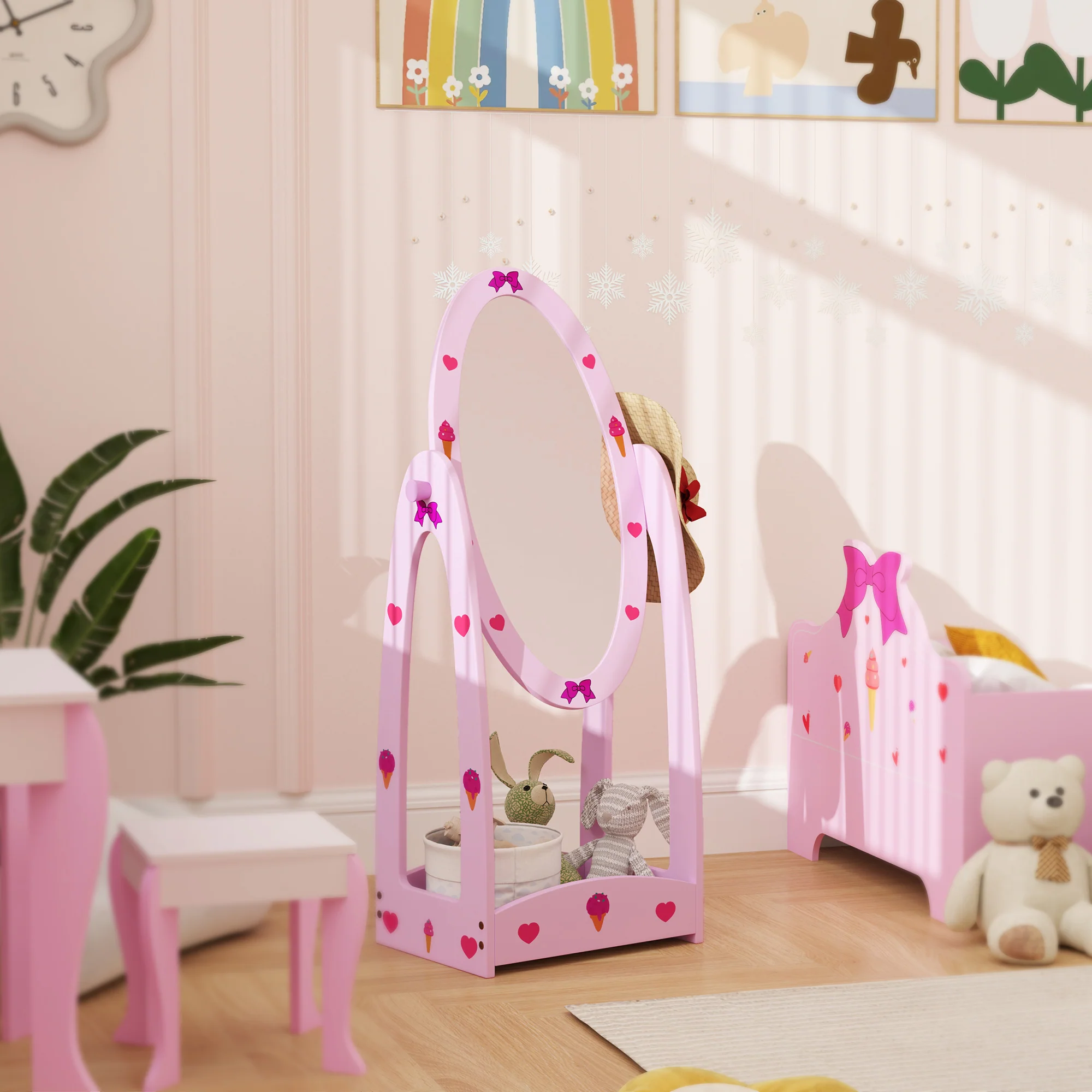 AIYAPLAY 360° Rotating Kids Full Length Mirror With Storage Shelf, Hot Pink - Image 7