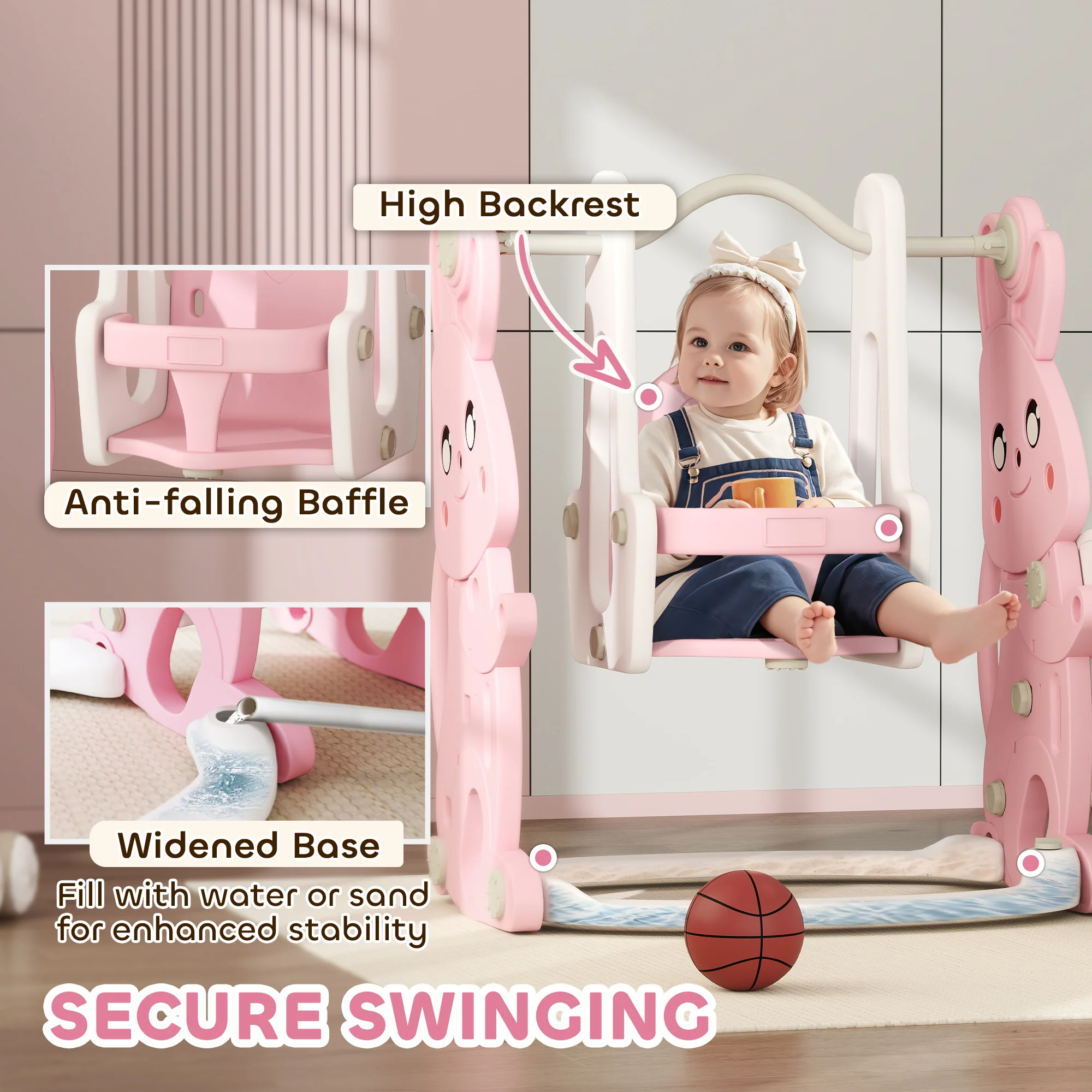 AIYAPLAY 4 in 1 Kids Slide and Swing Set with Climber, Basketball Hoop, Pink - Image 6