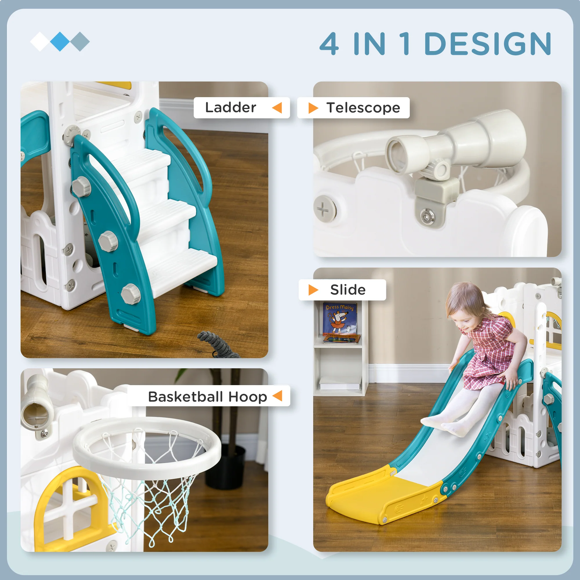 AIYAPLAY 4 In 1 Kids Slide For Indoor Use, For Toddler 1-3 Years Old, Yellow - Image 4
