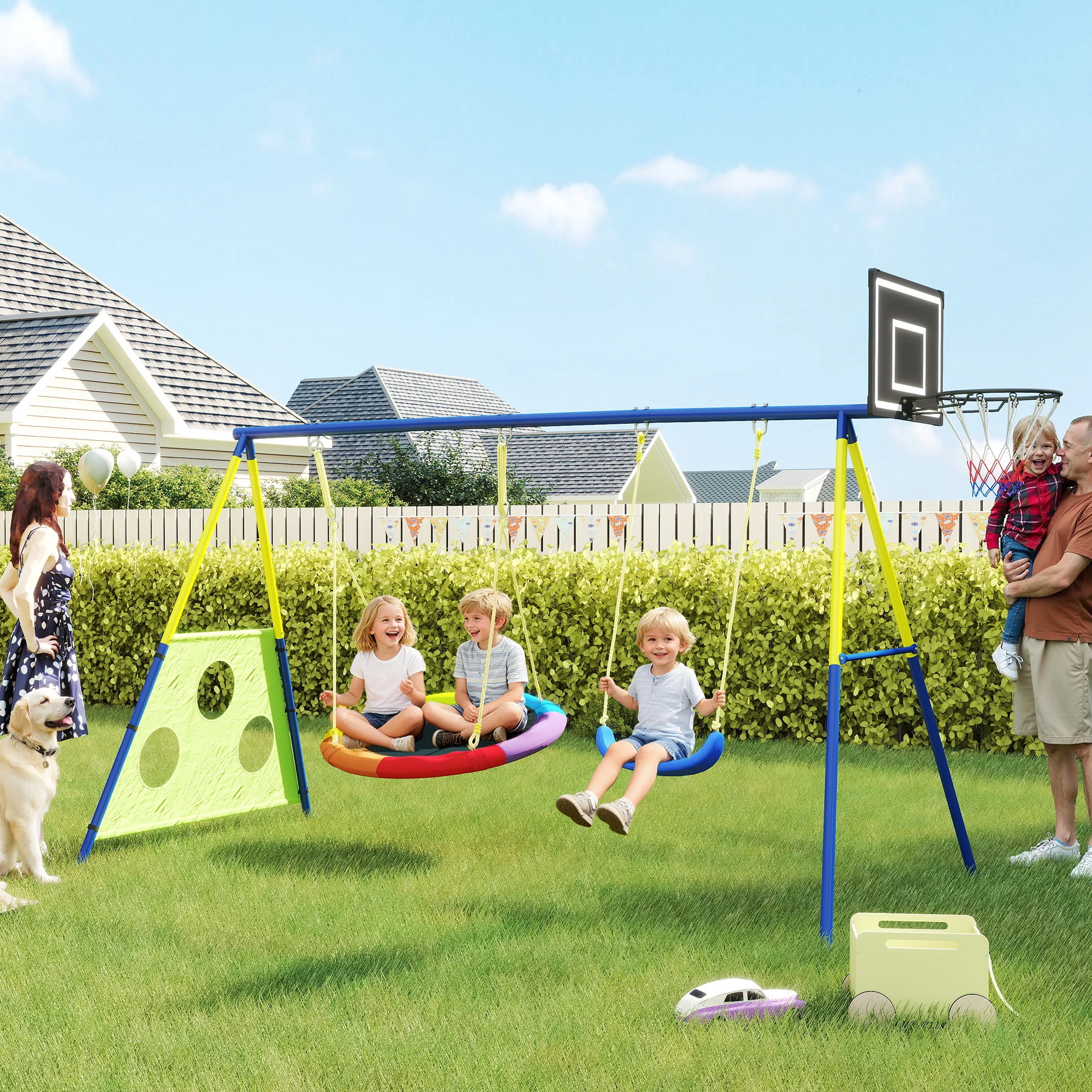 AIYAPLAY 4-in-1 Kids Swing Set With Swing, Basketball Hoop, Football Goal - Image 2