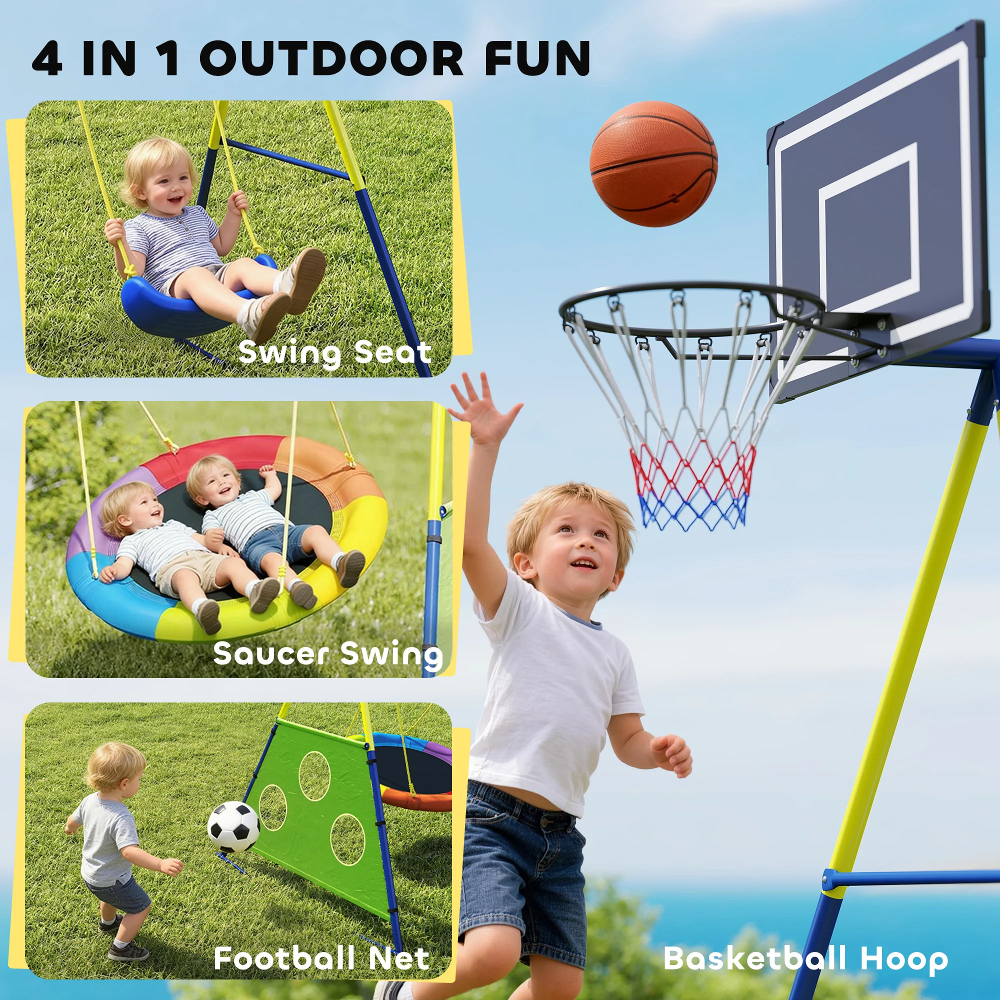 AIYAPLAY 4-in-1 Kids Swing Set With Swing, Basketball Hoop, Football Goal - Image 3