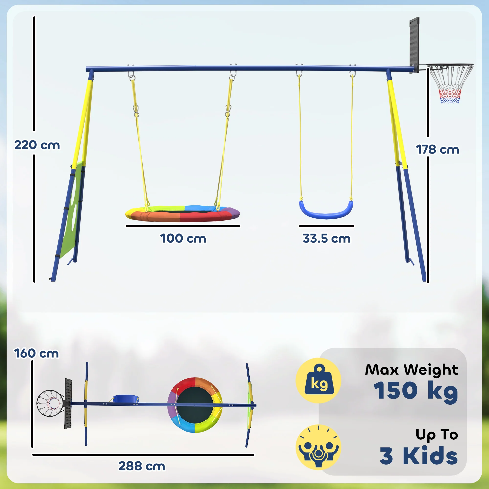 AIYAPLAY 4-in-1 Kids Swing Set With Swing, Basketball Hoop, Football Goal - Image 5