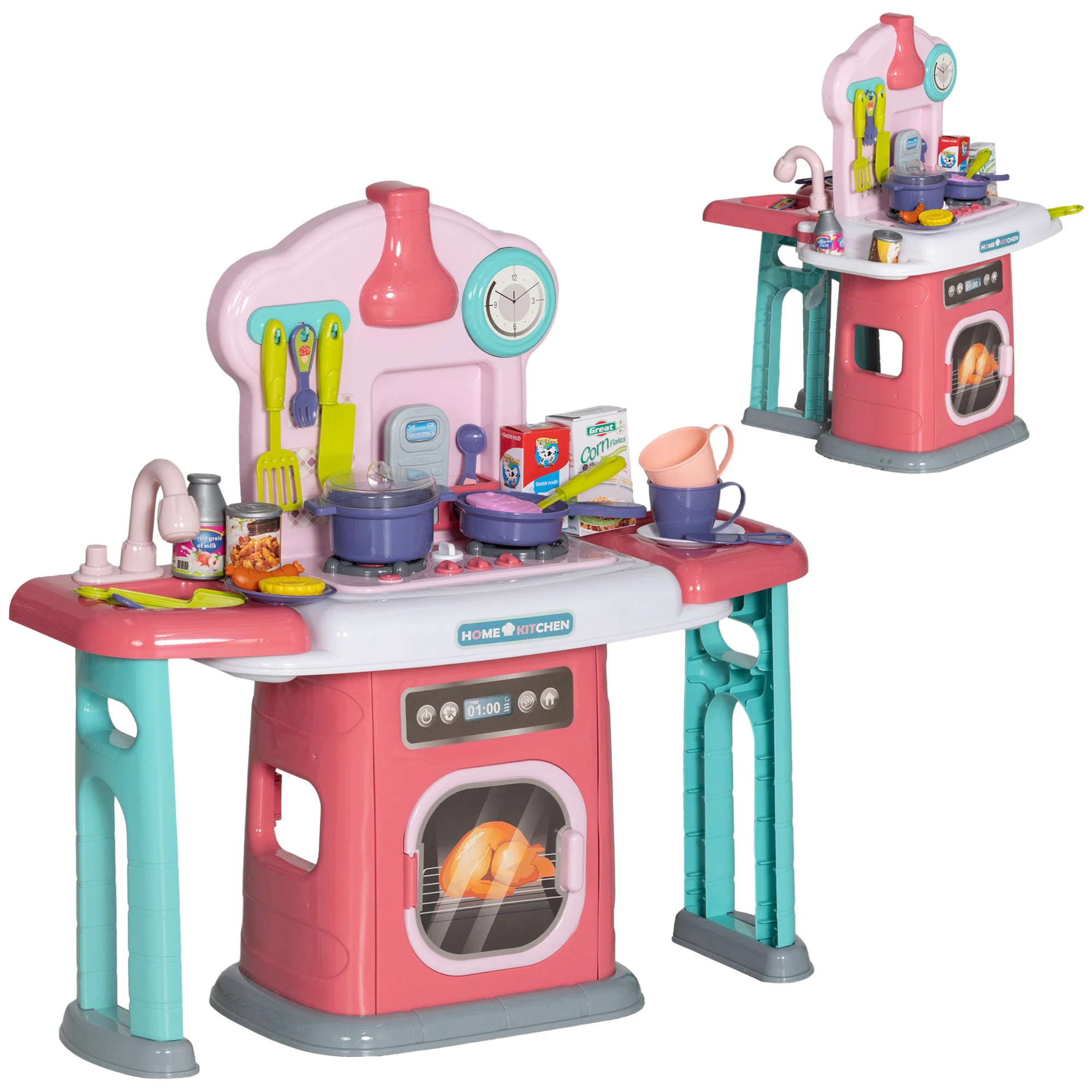 AIYAPLAY 45 Pieces Kids Kitchen w/ Rotating Tables, Light, Sound, Spray