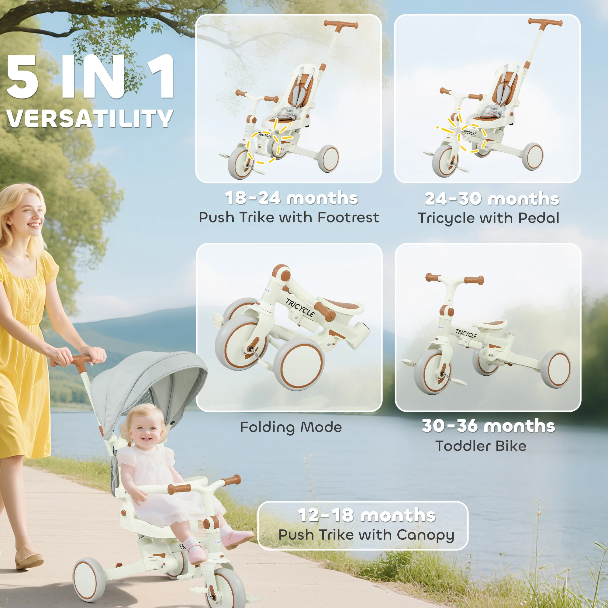 AIYAPLAY 5 In 1 Foldable Kids Trike, Toddler Tricycle For 1-3 Years, - Image 3