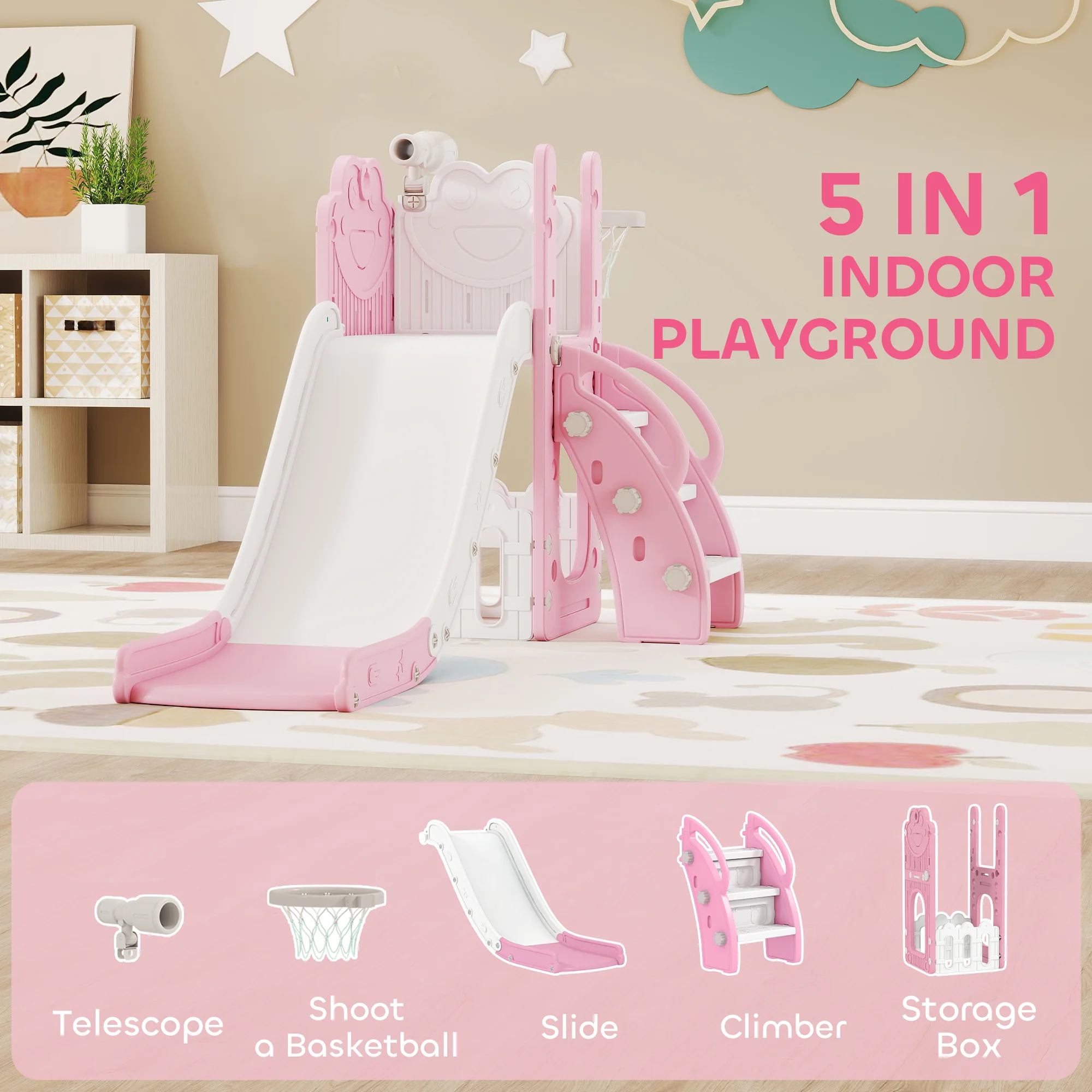 AIYAPLAY 5 In 1 Toddler Slide Set With Basketball Hoop For Age 1-3, Pink - Image 3