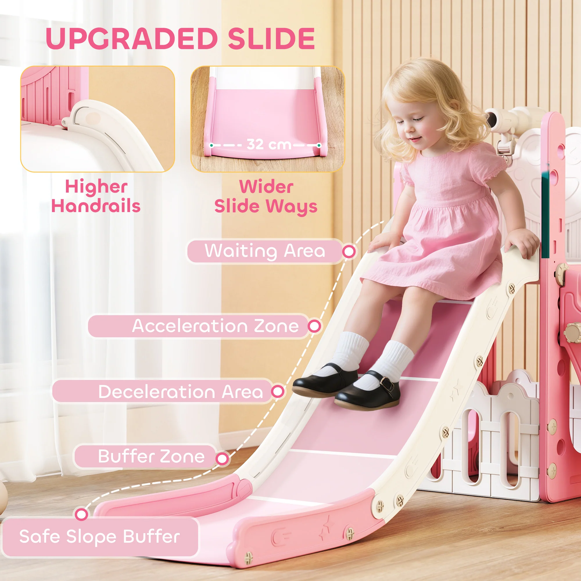 AIYAPLAY 5 In 1 Toddler Slide Set With Basketball Hoop For Age 1-3, Pink - Image 4
