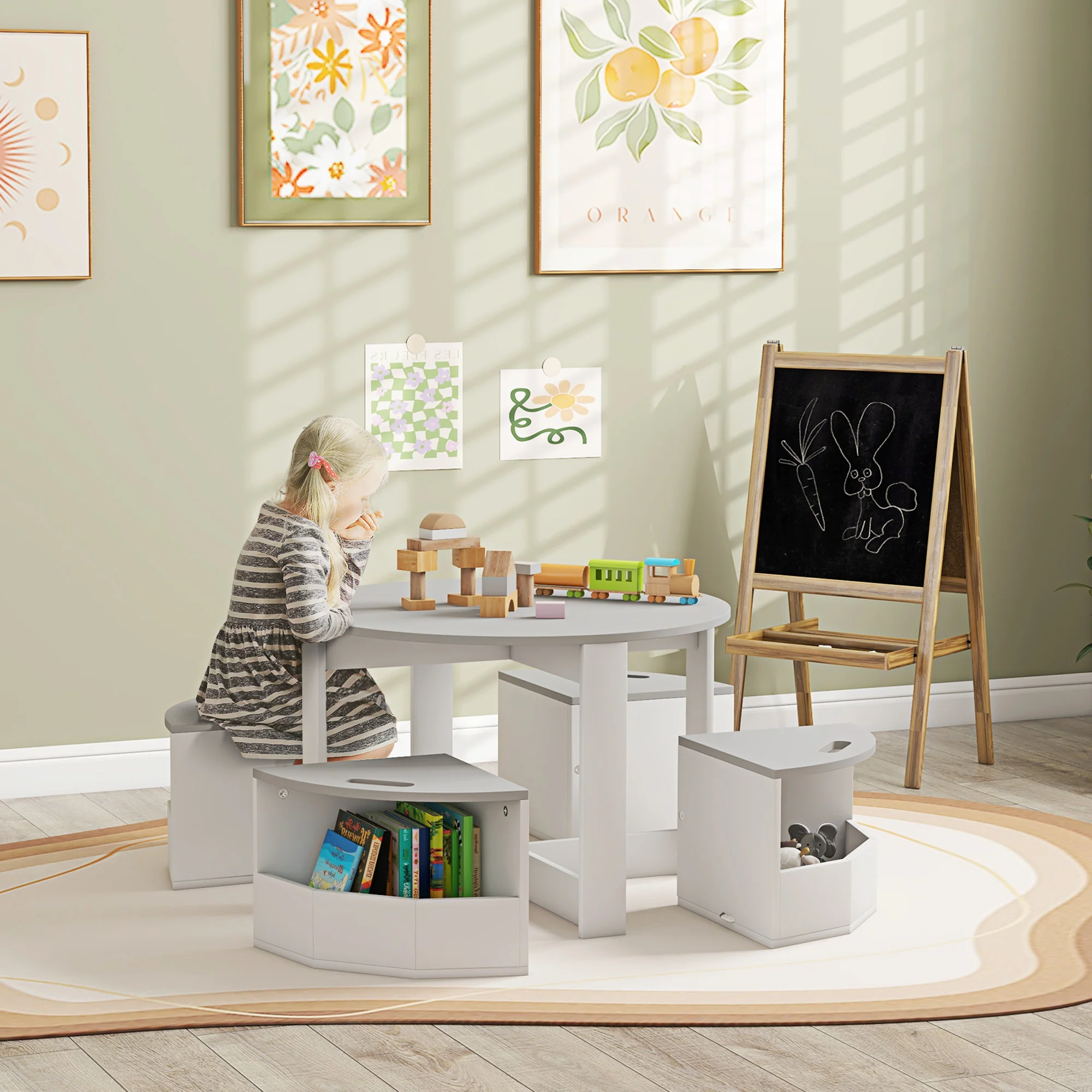 AIYAPLAY 5-Piece Kids Table and Chairs Set w/ Storage for 3-8 Years Old-Grey - Image 2