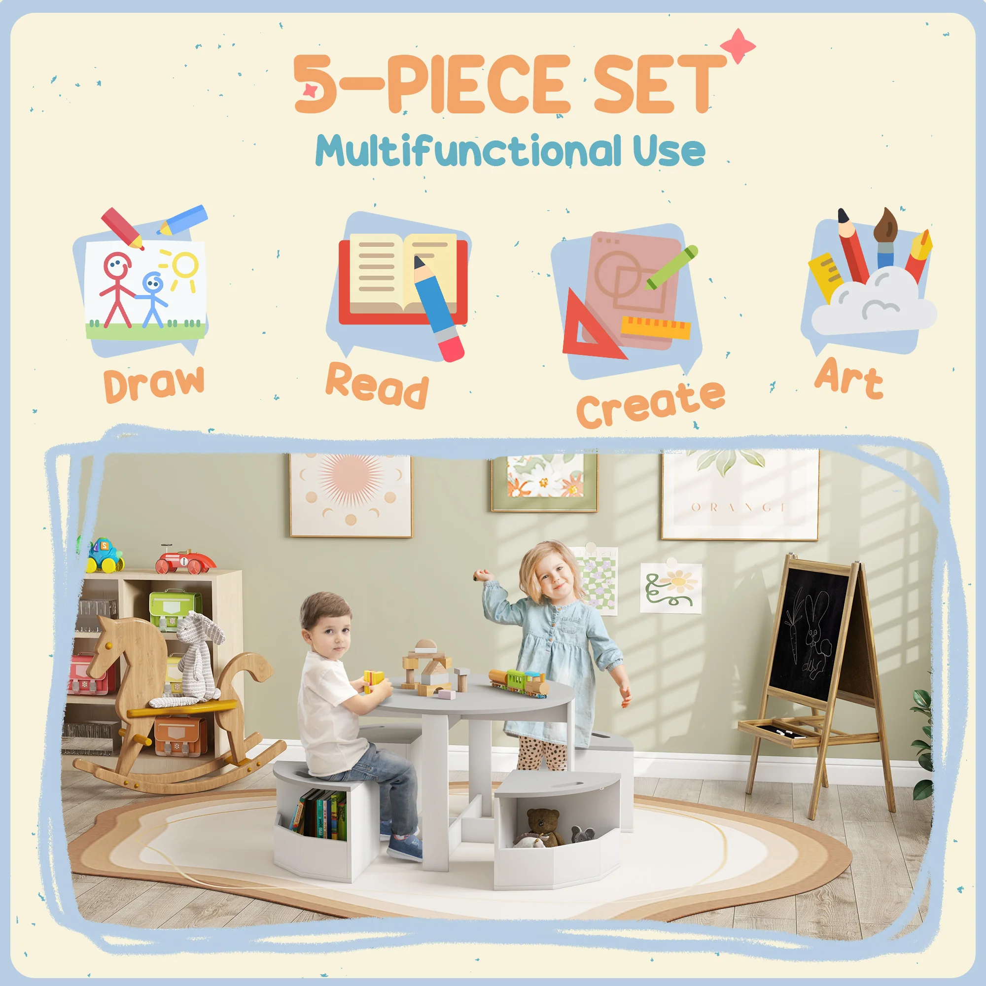 AIYAPLAY 5-Piece Kids Table and Chairs Set w/ Storage for 3-8 Years Old-Grey - Image 3