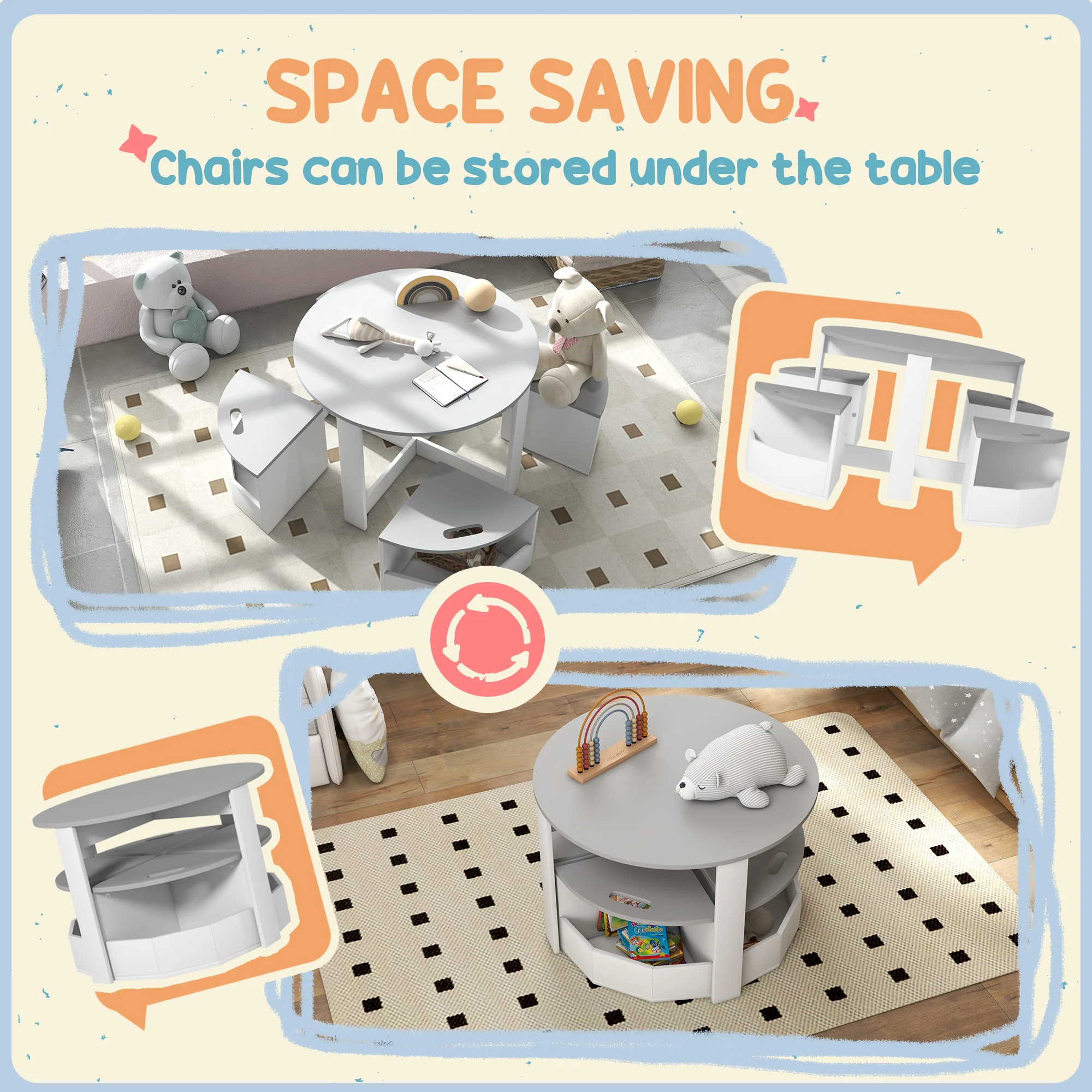 AIYAPLAY 5-Piece Kids Table and Chairs Set w/ Storage for 3-8 Years Old-Grey - Image 4