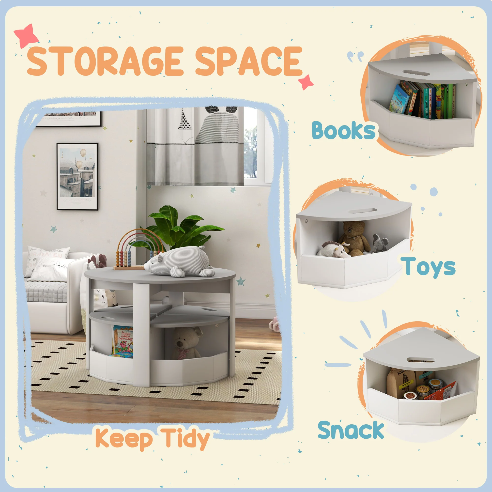 AIYAPLAY 5-Piece Kids Table and Chairs Set w/ Storage for 3-8 Years Old-Grey - Image 6