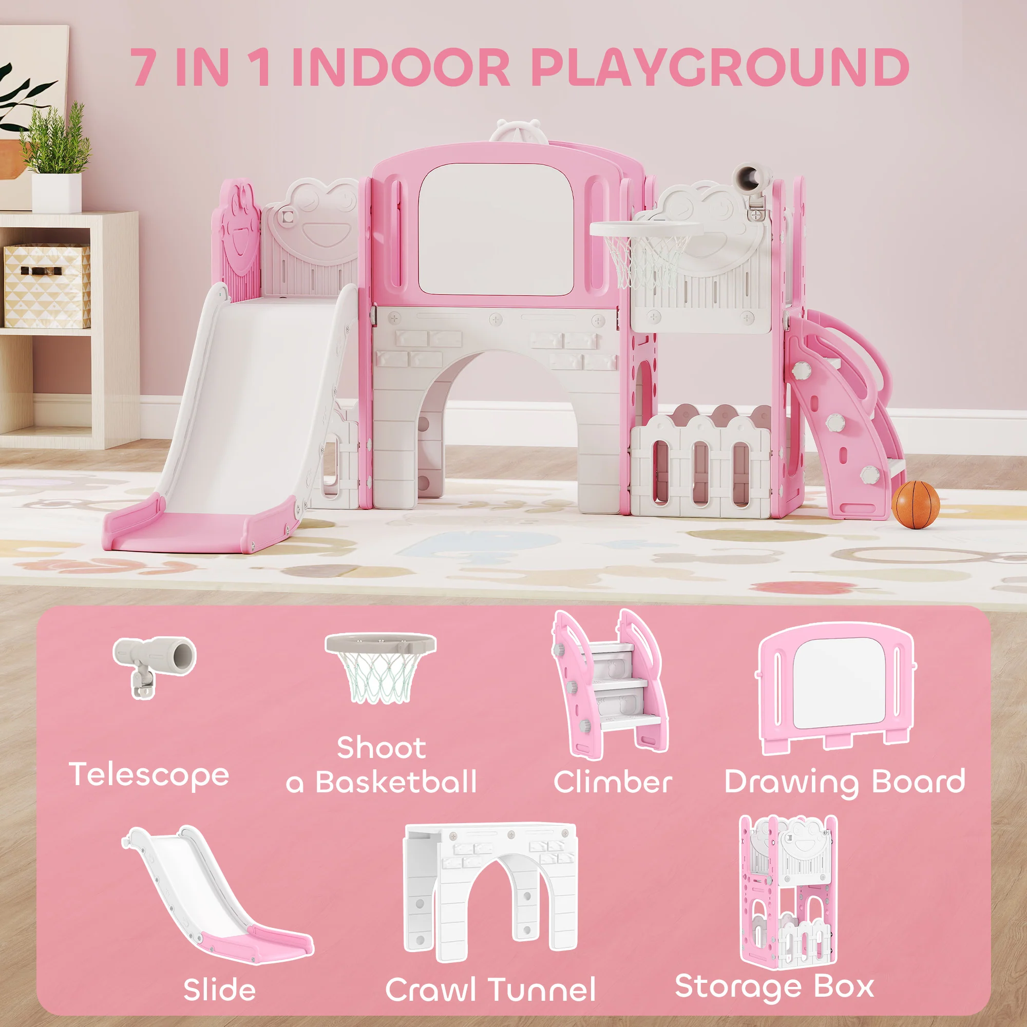 AIYAPLAY 7 In 1 Toddler Slide Set, Frog Theme Playset With Basketball Hoop - Image 3