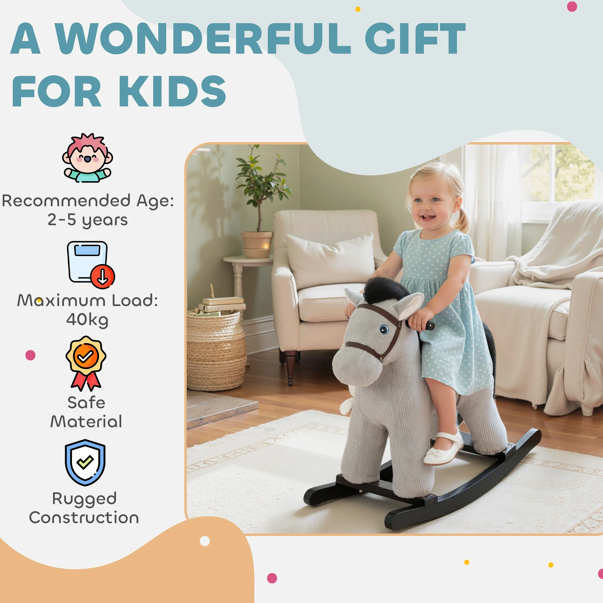 AIYAPLAY Baby Rocking Horse, Toddler Animal Rocker for Kids Aged 2-5, Grey - Image 9