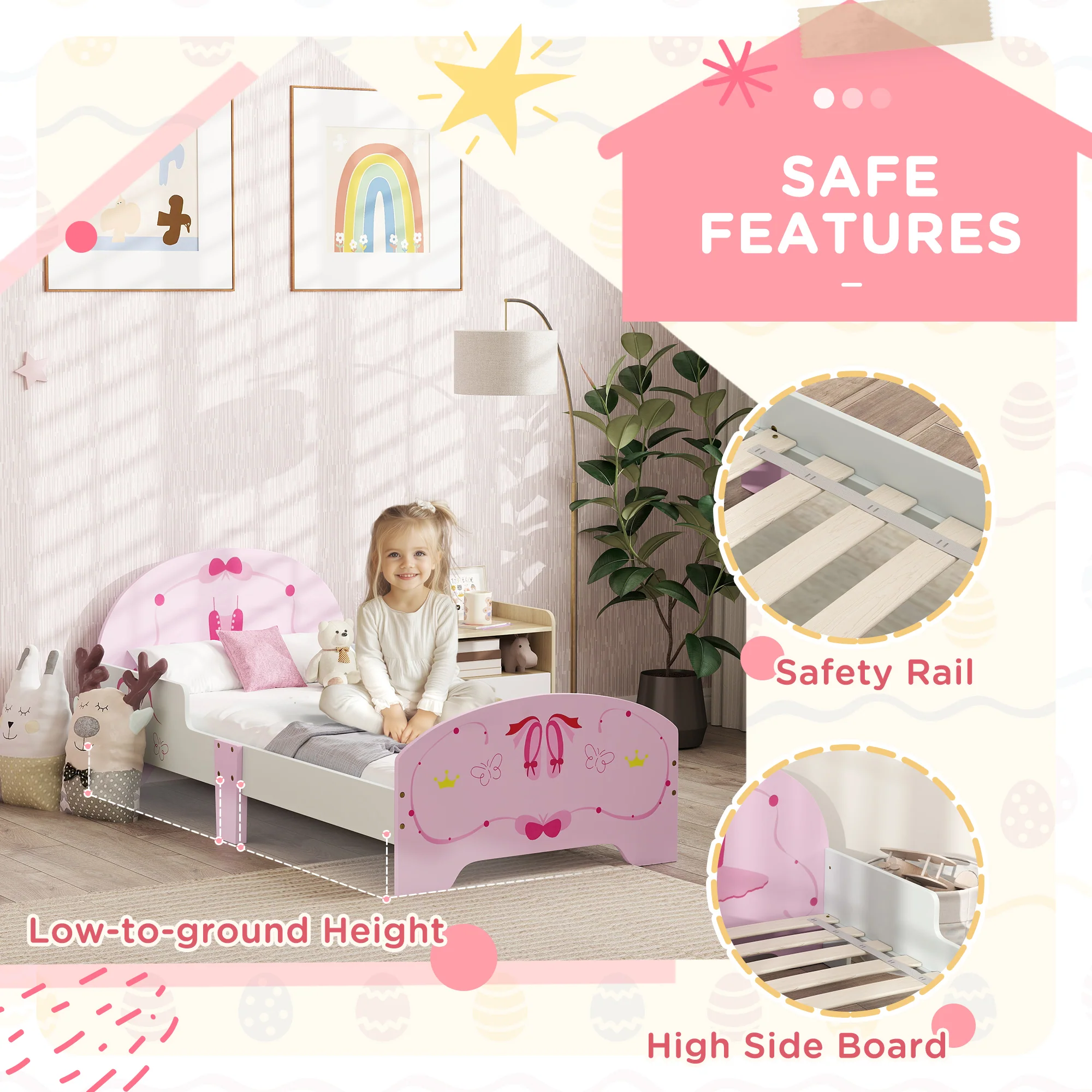 AIYAPLAY Ballet Theme Toddler Bed Frame With Safety Rails, For 3-6 Years - Image 4